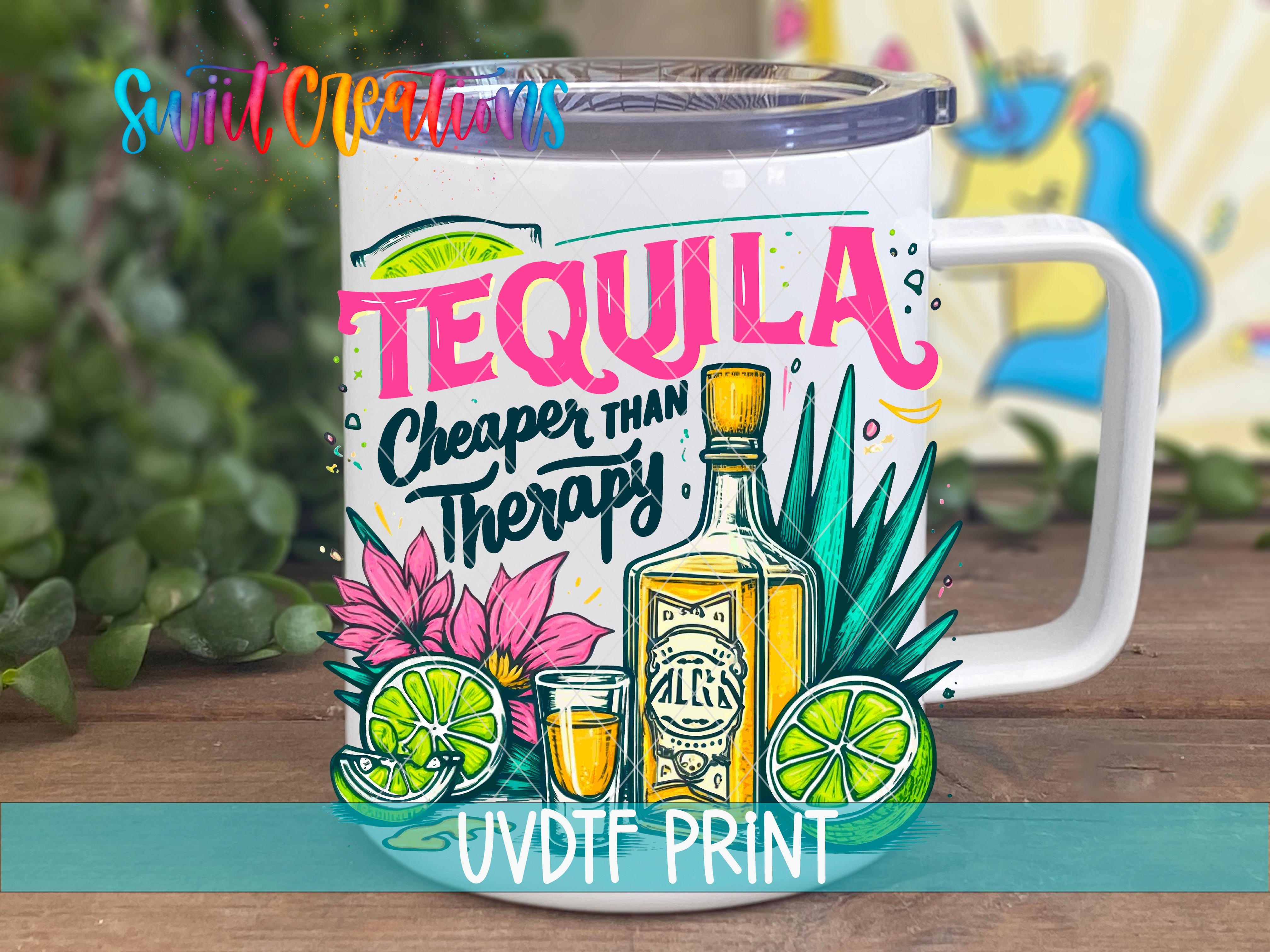 A white mug with a colorful design featuring a tequila bottle, lime slices, and flowers, along with the text "TEQUILA Cheaper than Therapy" and "UVDF PRINT".