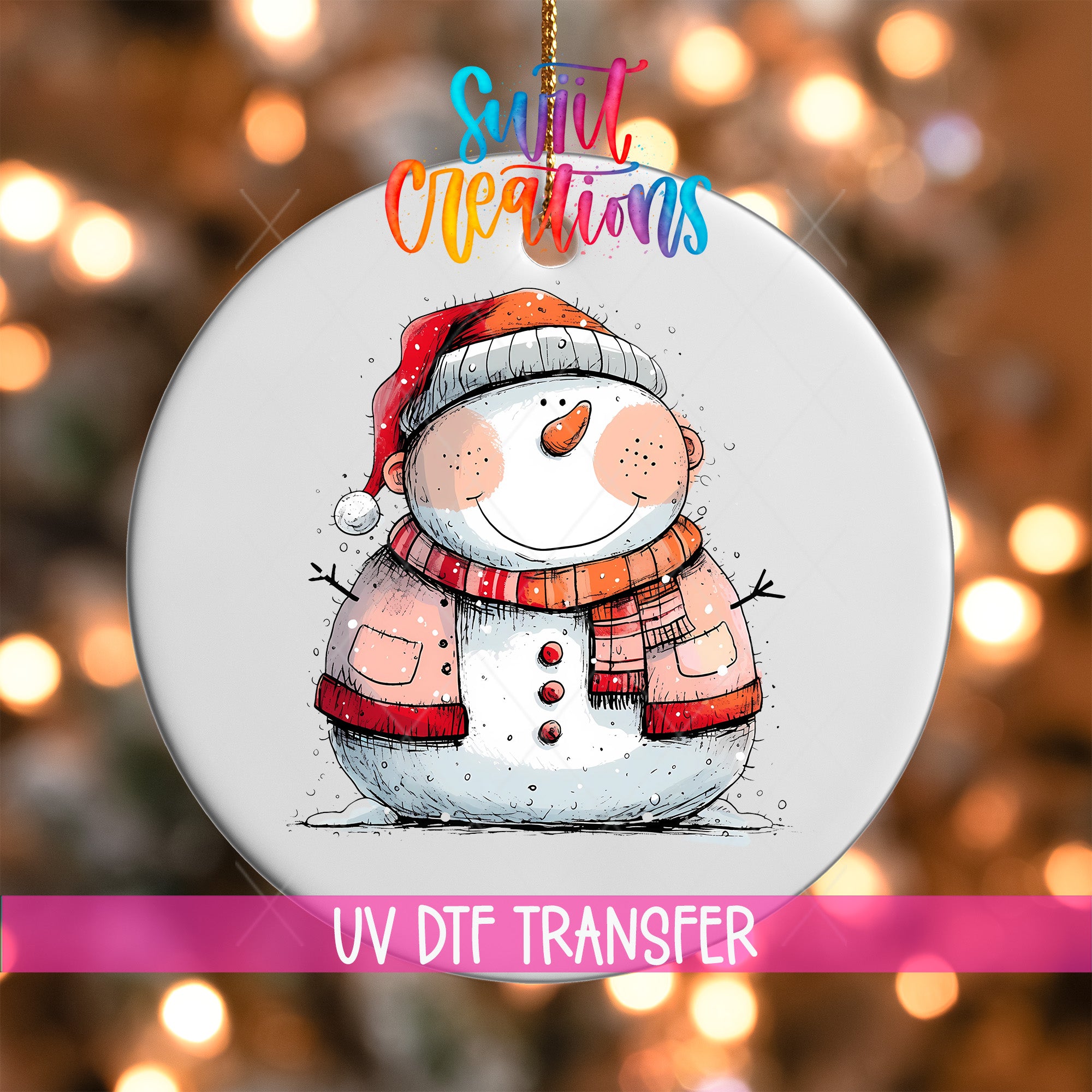 A snowman ornament with a red scarf and hat, smiling and standing in the snow.