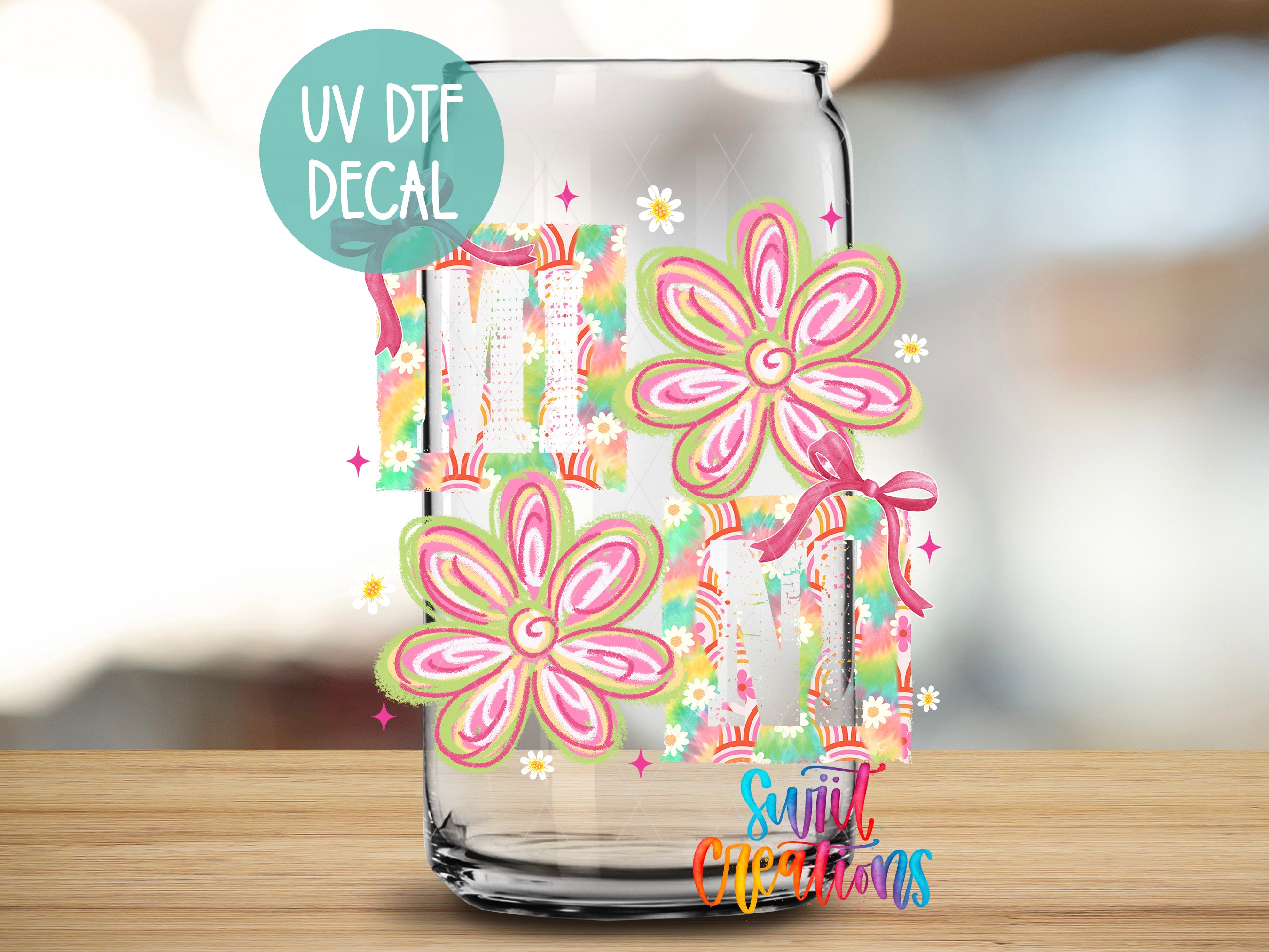 A glass jar with a UV decal featuring colorful flowers and decorative elements.