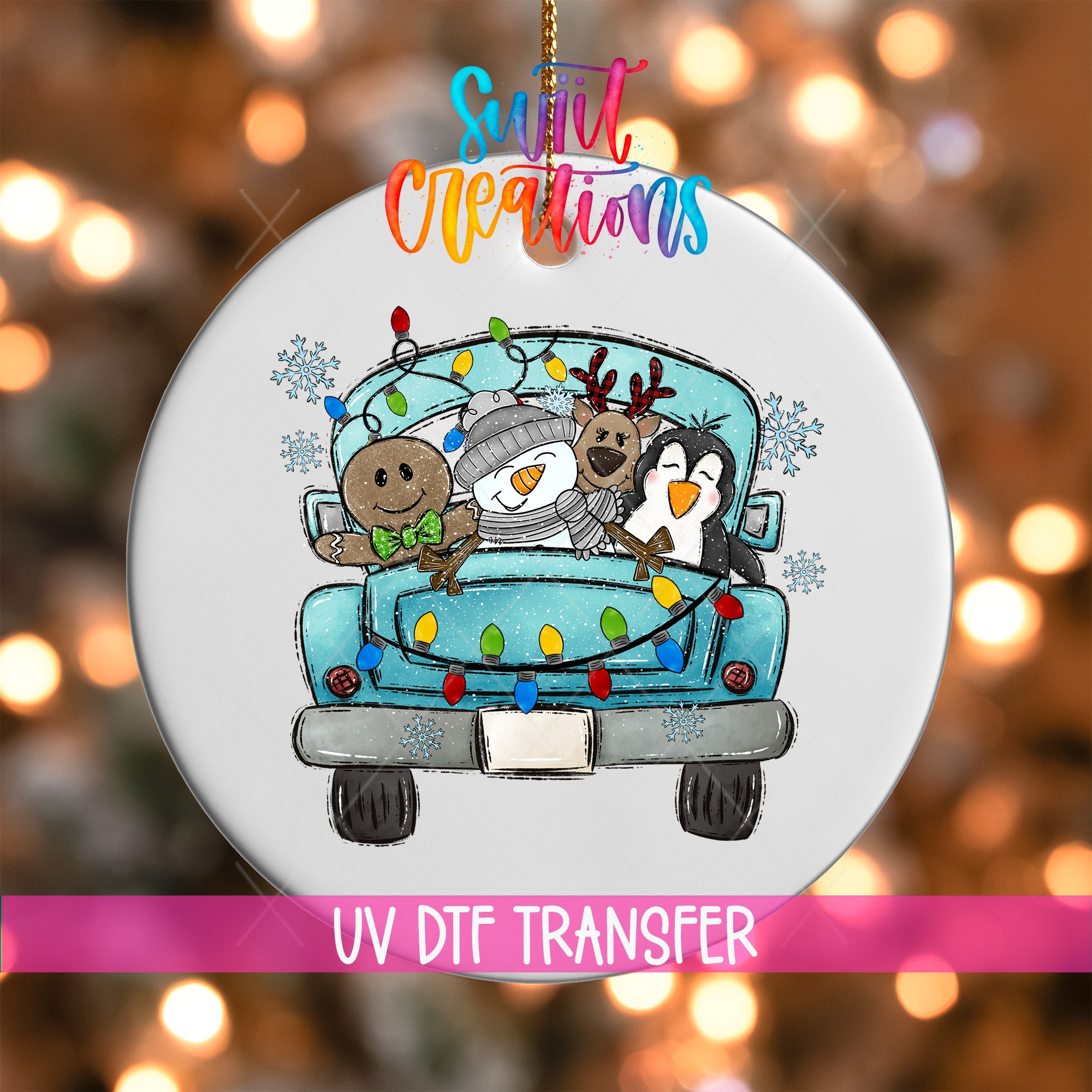 A Christmas ornament featuring a snowman, reindeer, and penguin riding in the back of a truck decorated with Christmas lights.