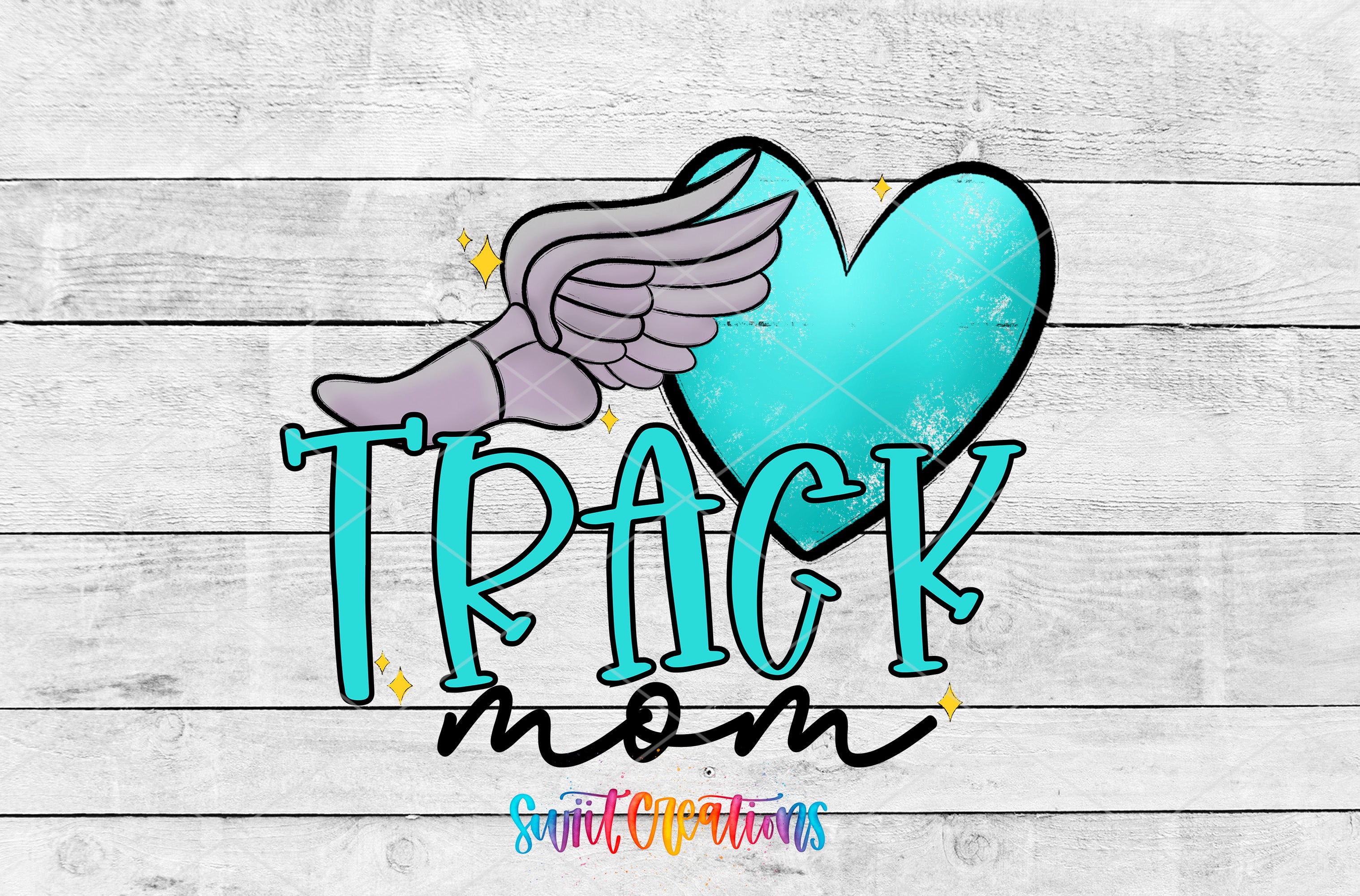 a graphic design with a heart-shaped background, a winged figure, and the text "TRACK mom" written in a stylized font.