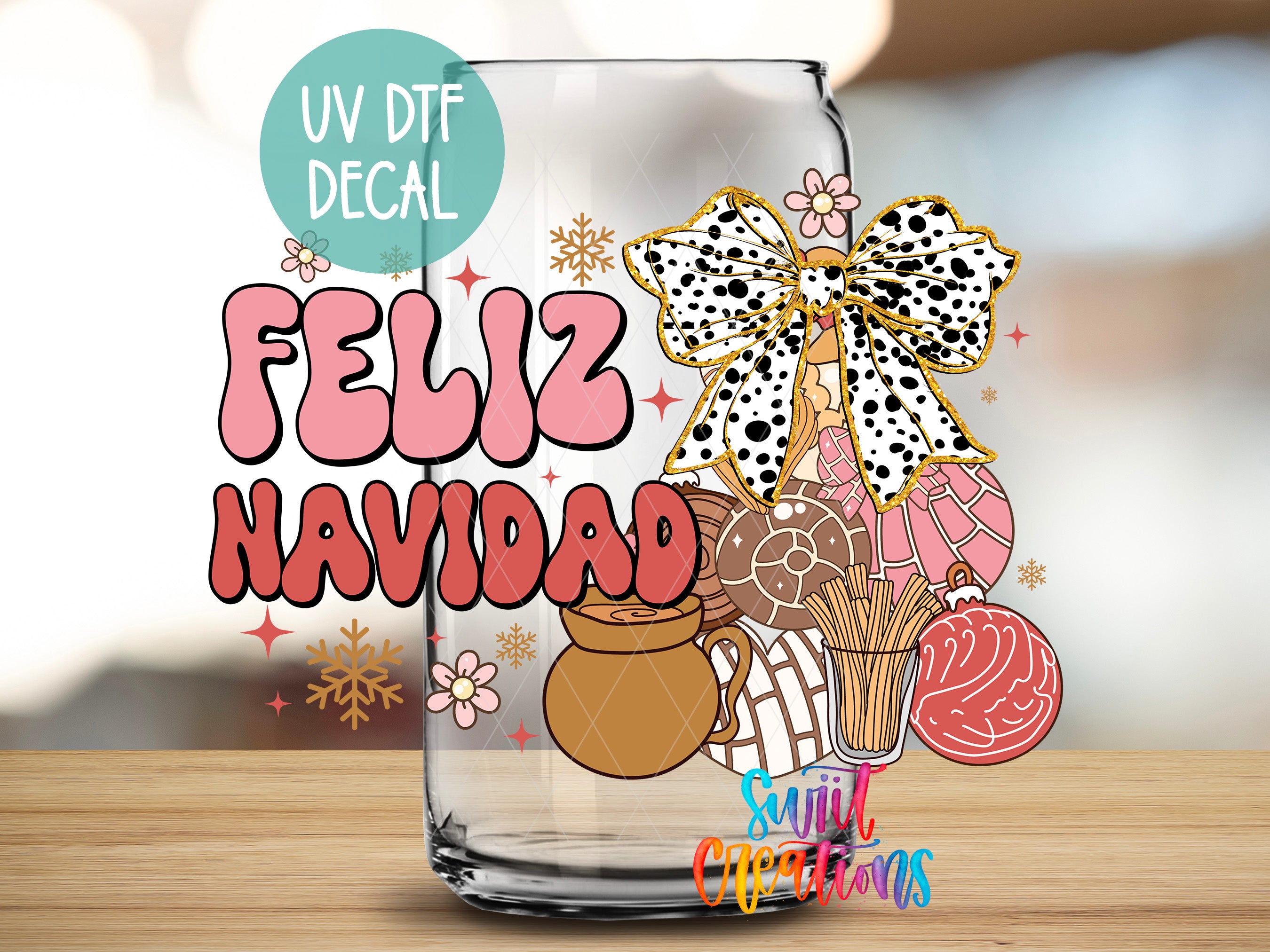 a glass with a decorative bow and various festive ornaments, including a snowflake, a star, and a flower, along with the text "Feliz Navidad" (Happy New Year) written in a colorful, stylized font.