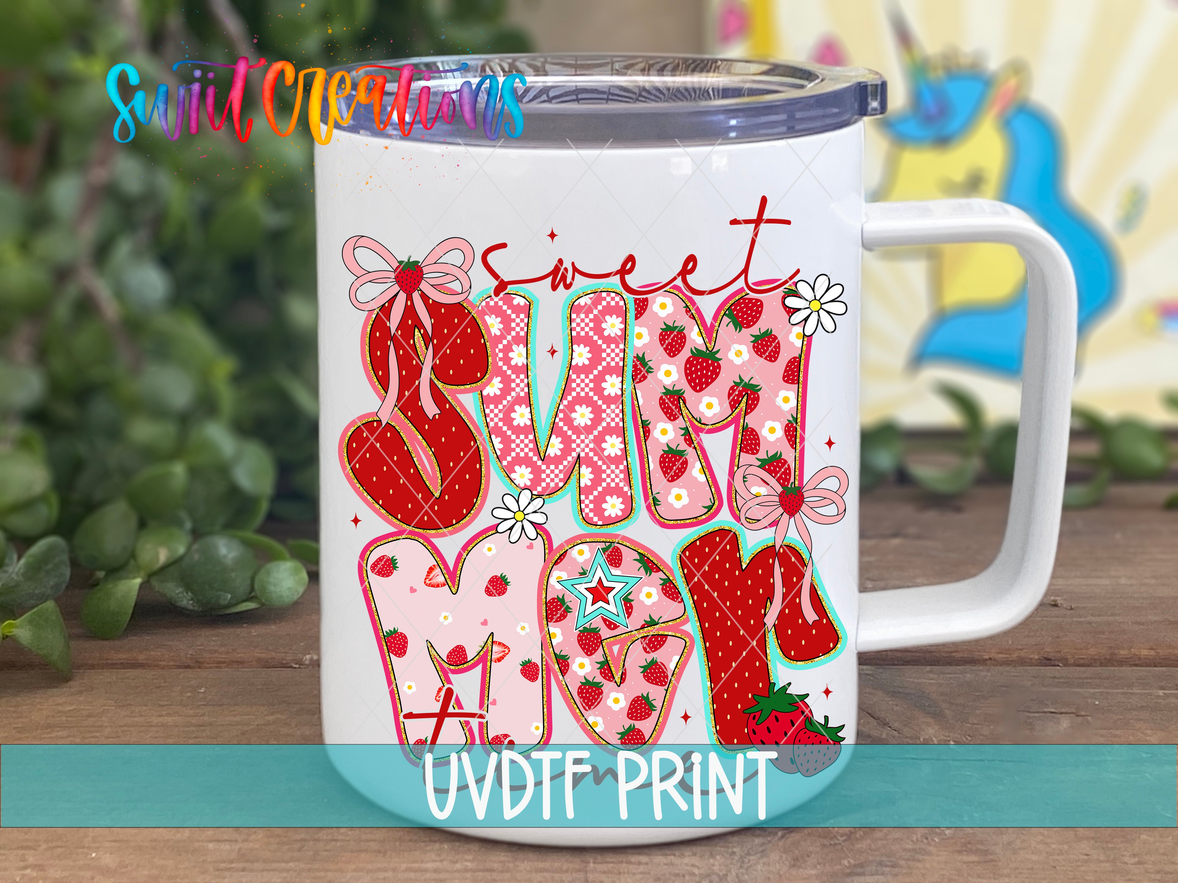 A white mug with a colorful design featuring the word "SUMMER" and various summer-themed elements such as flowers, leaves, and a unicorn.