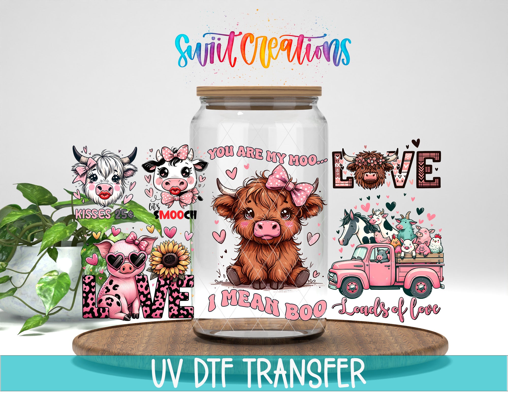The image is a collage featuring a glass jar with a cartoon cow design, surrounded by various animal and floral illustrations.