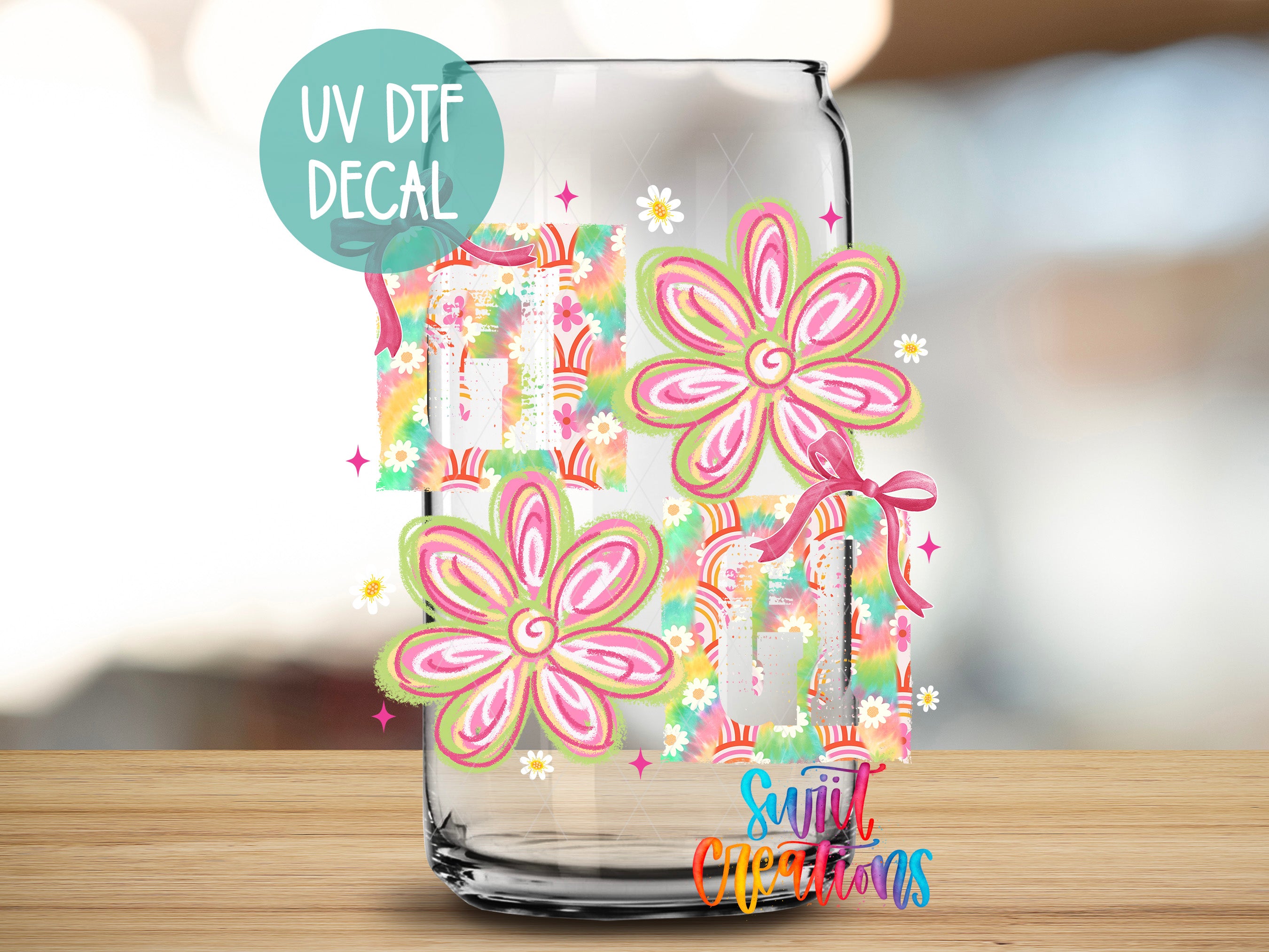 A glass jar with a UV decal featuring colorful flowers and decorative elements.