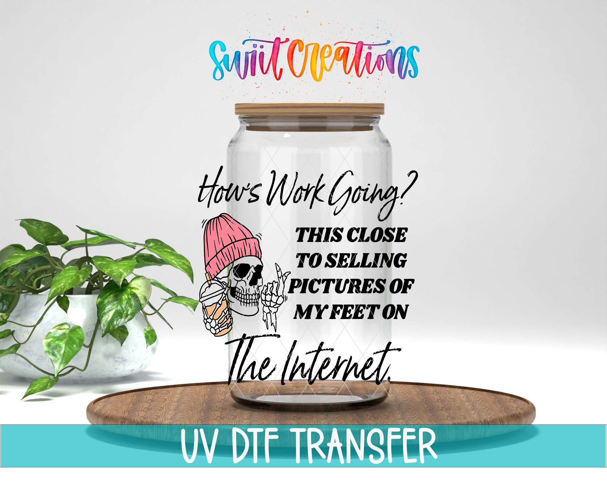 The image is a digital illustration featuring a skeleton wearing a pink beanie, holding a drink, and posing in front of a jar with a question about selling pictures of one's feet on the internet.