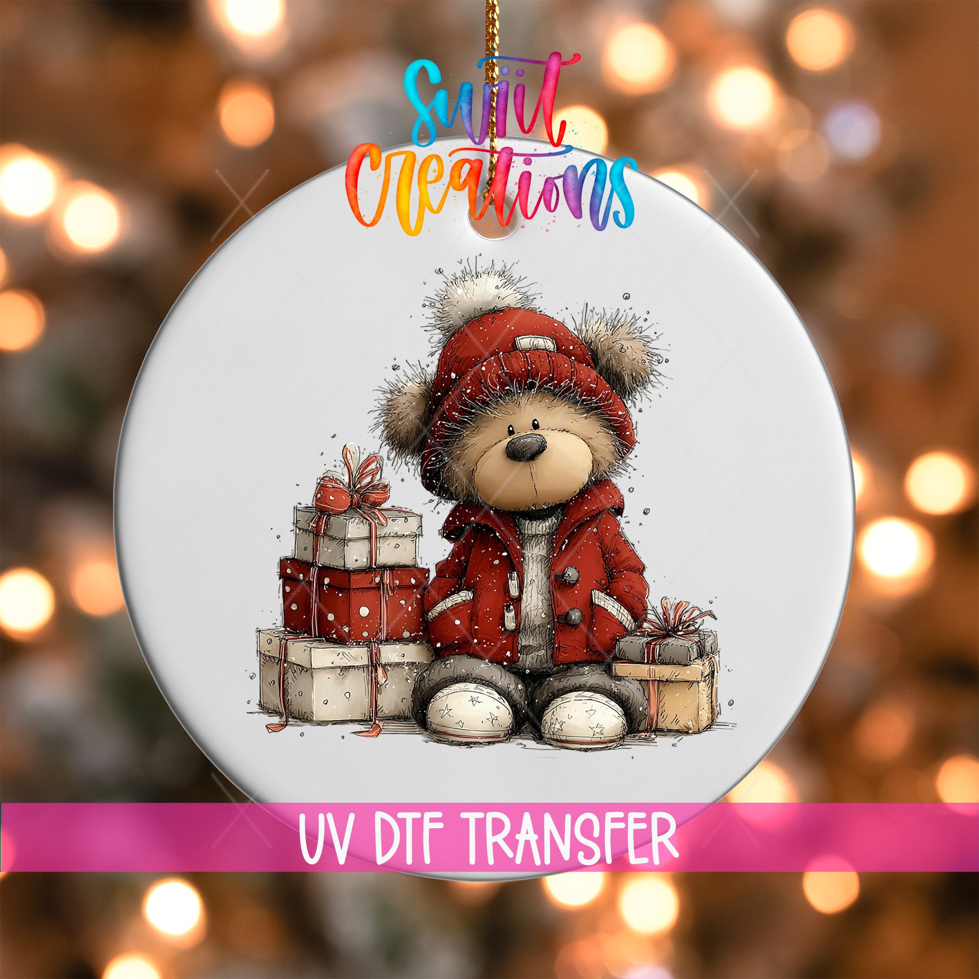 A white ornament with a teddy bear wearing a red coat and hat, holding presents, and surrounded by a festive background with colorful lights.