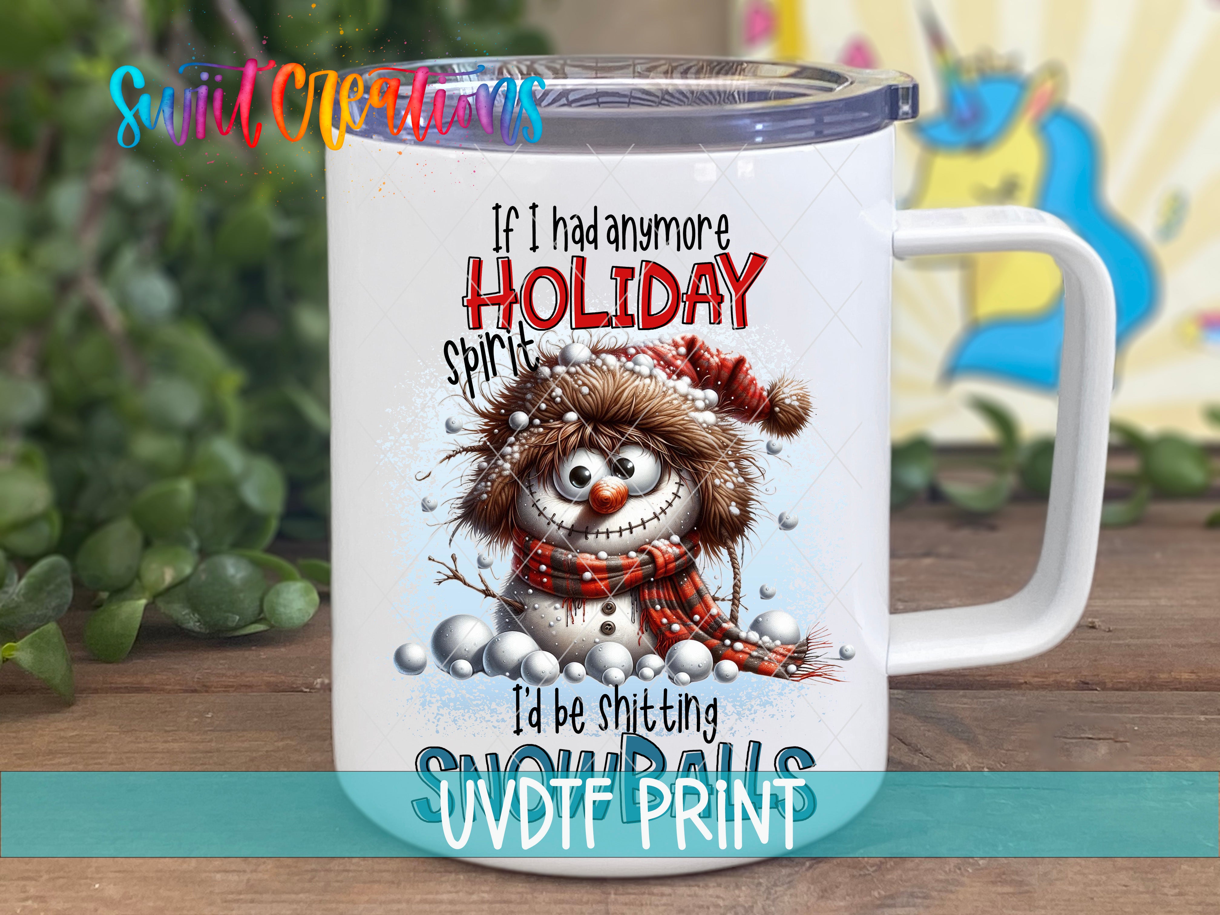 A white mug with a snowman design and text printed on it.