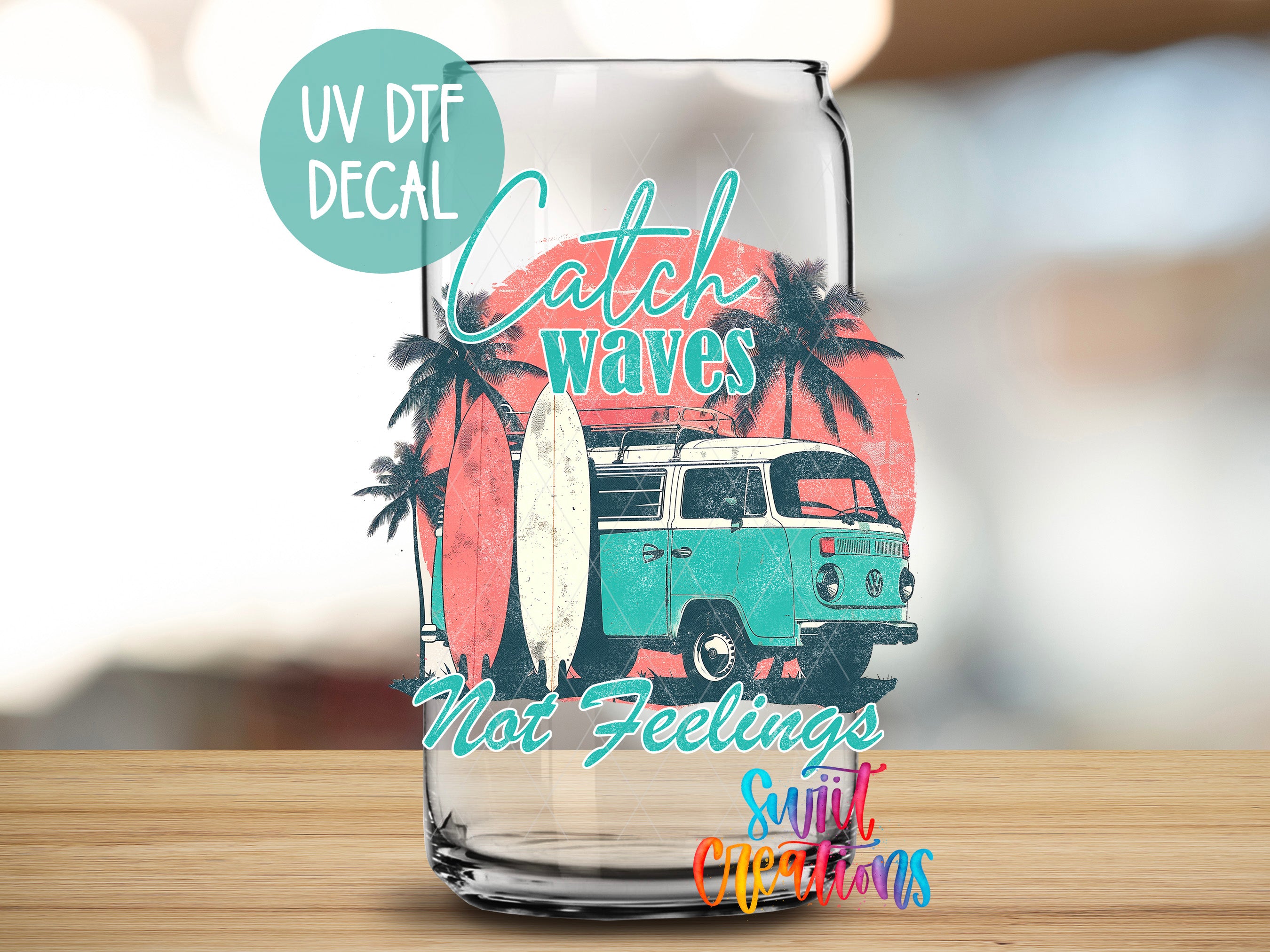 a glass with a picture of a van and a surfboard