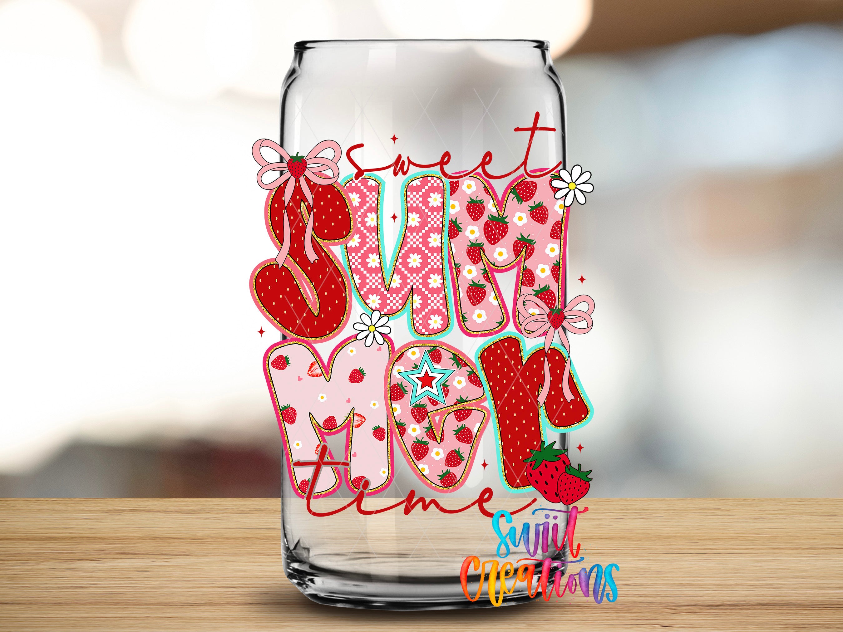 A glass can with the text "Sweet Summer Time" printed on it, surrounded by various summer-themed elements such as strawberries, flowers, and butterflies.