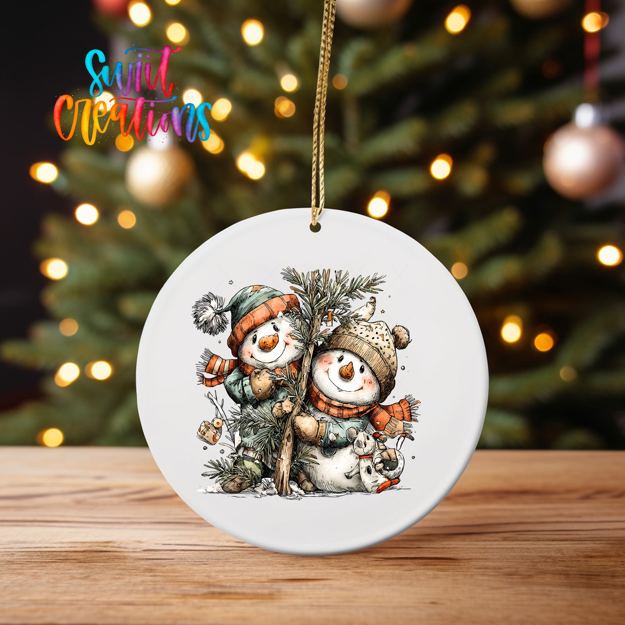 A white ceramic ornament featuring two snowmen, one wearing a green hat and the other a red hat, sitting together on a branch with pine needles.