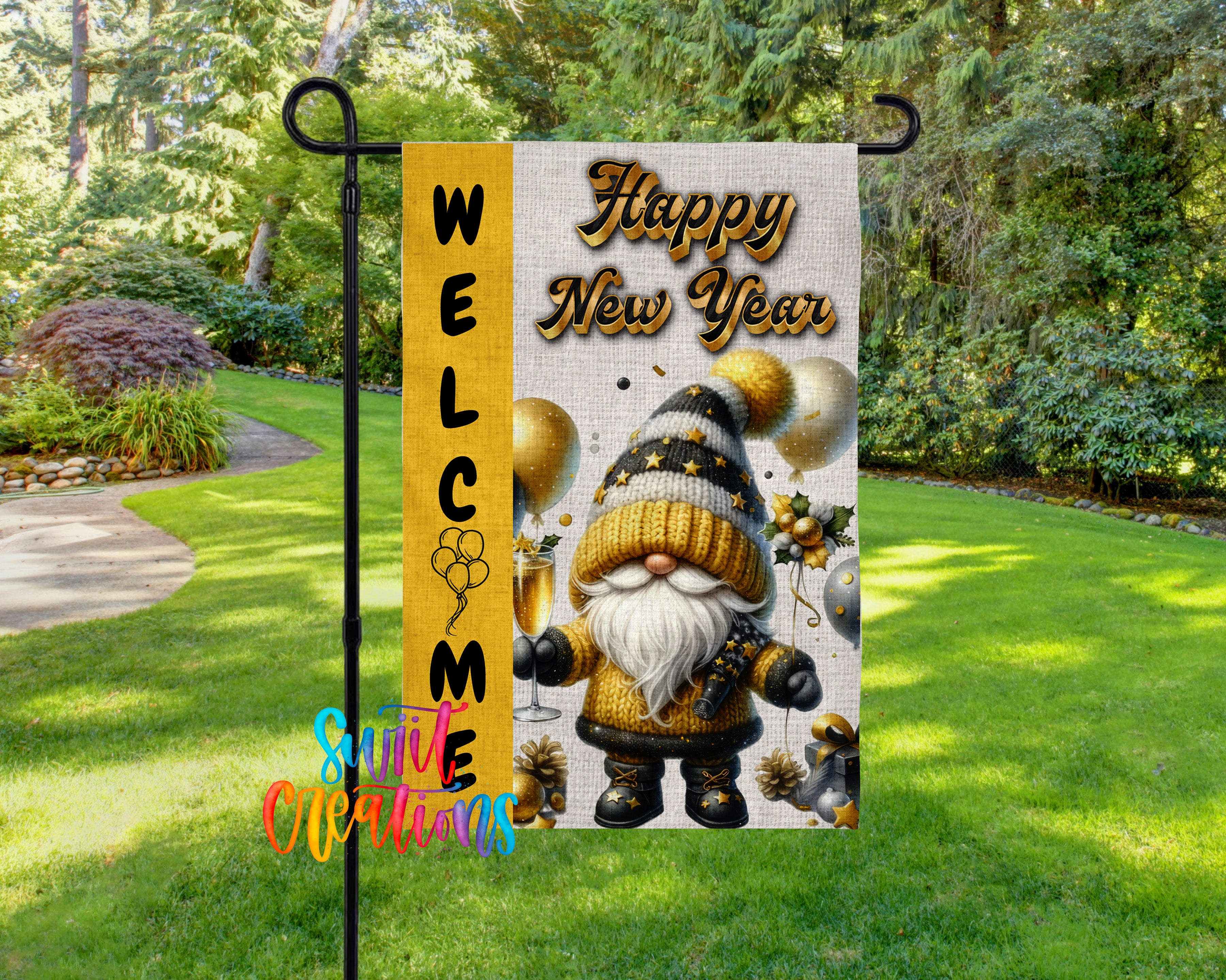 A welcome sign featuring a gnome character surrounded by festive elements such as balloons and a "Happy New Year" message.