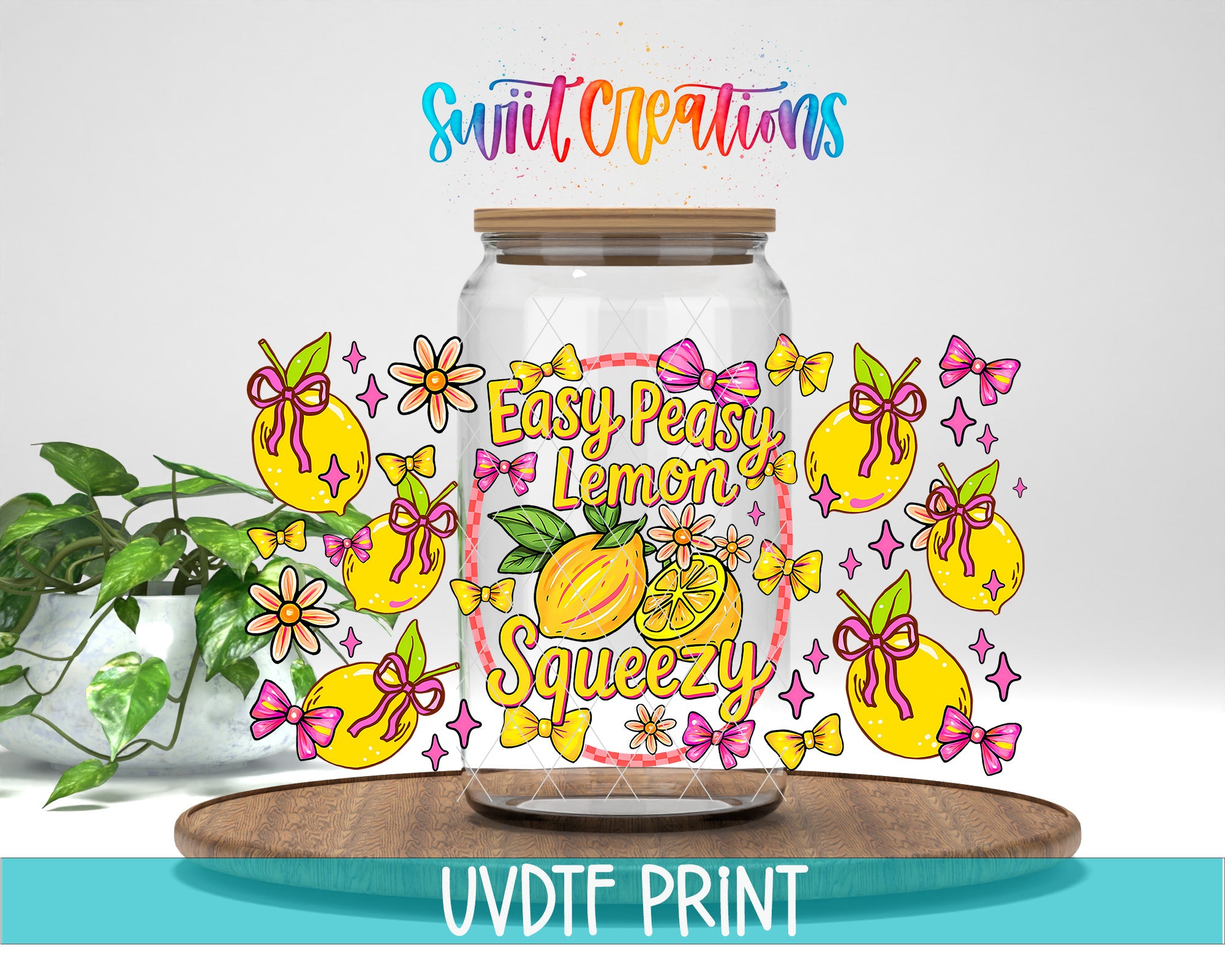 a glass jar with a label that says "Easy Peasy Lemon Squeezy" surrounded by various illustrations of lemons, flowers, and bows.