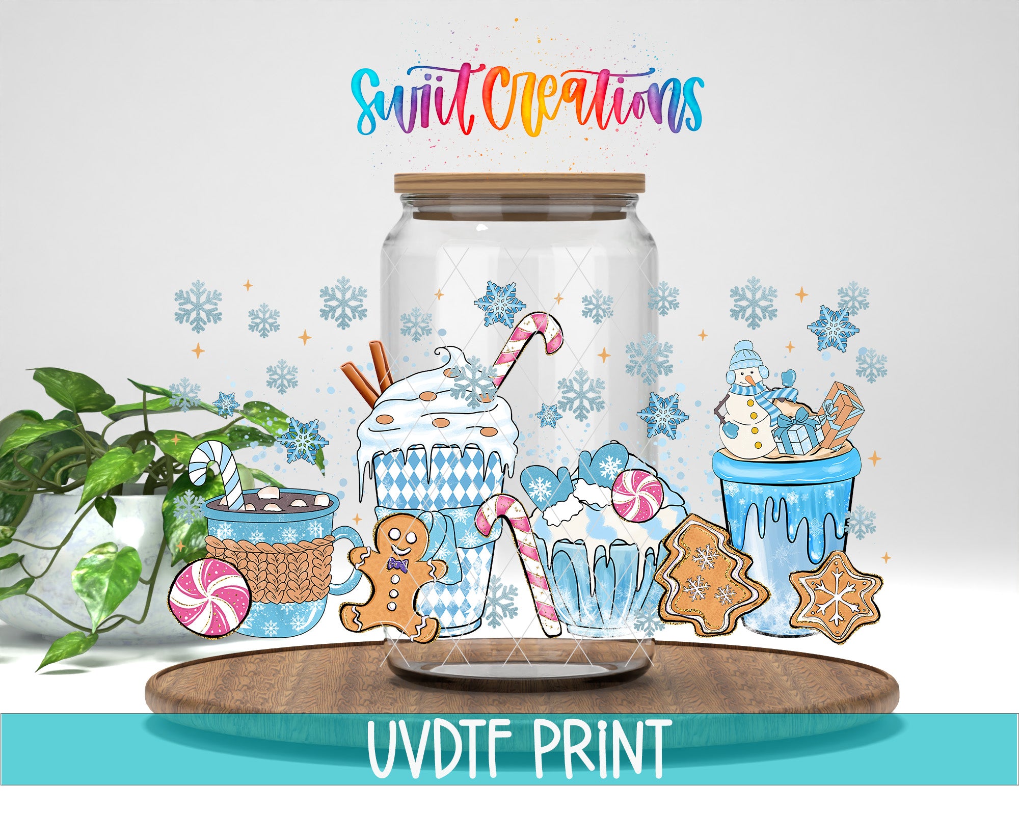 The image is a colorful illustration featuring various sweet treats and decorations, including a jar, a cup, a gingerbread man, and snowflakes. The text "Swift Creations" is written above the illustration, and the phrase "UVDF PRINT" is written at the bottom of the image.