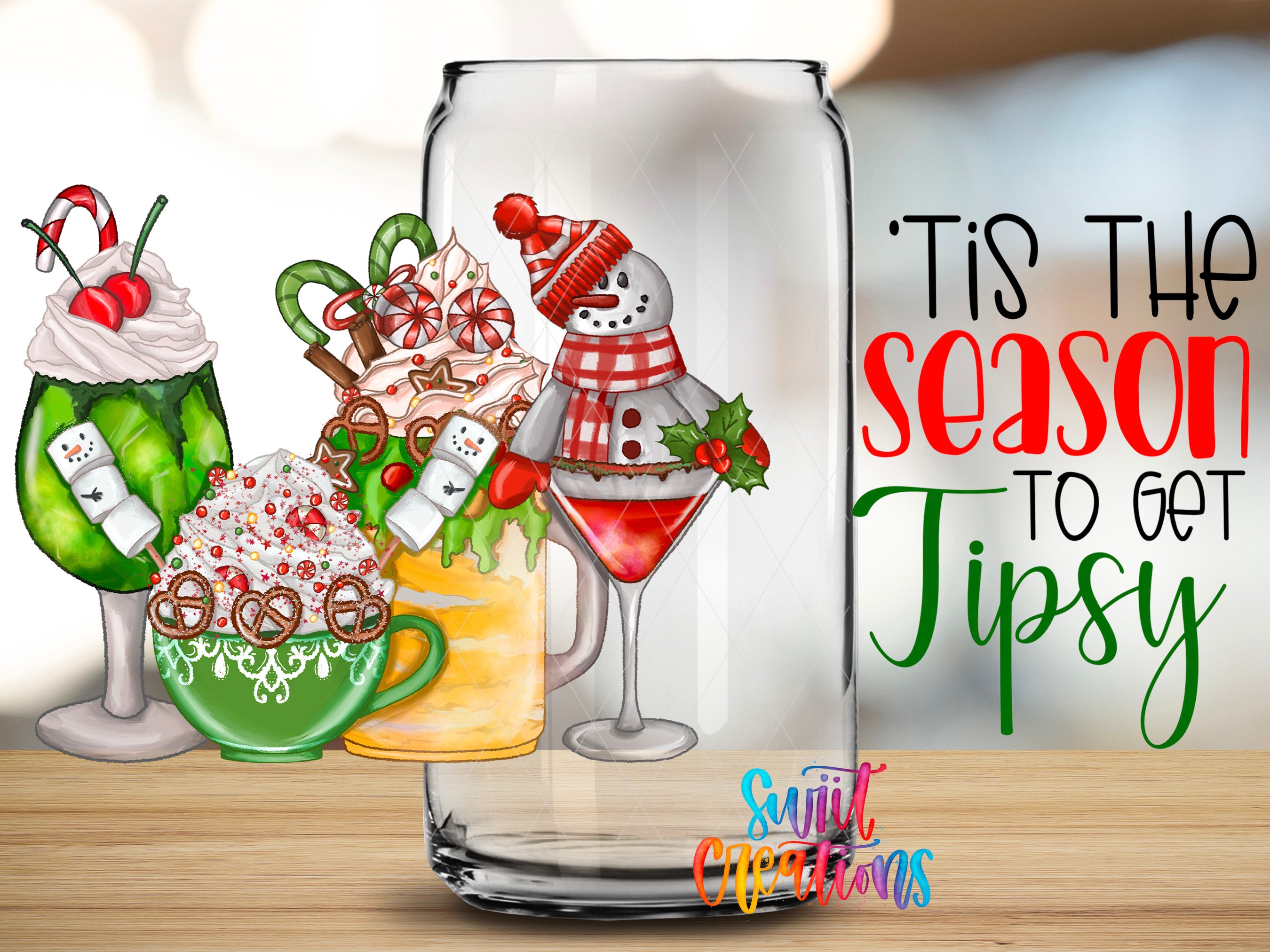 a glass with a snowman and a martini glass, along with other festive drinks and decorations, suggesting a holiday-themed scene.