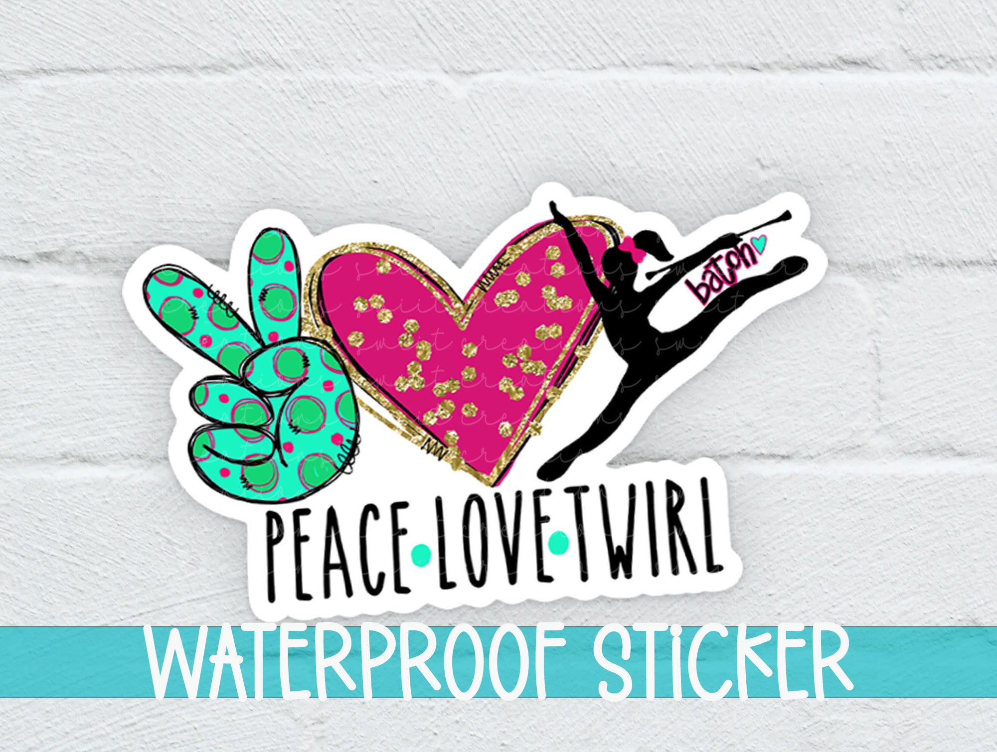 peace love twirl waterproof sticker on a white brick wall