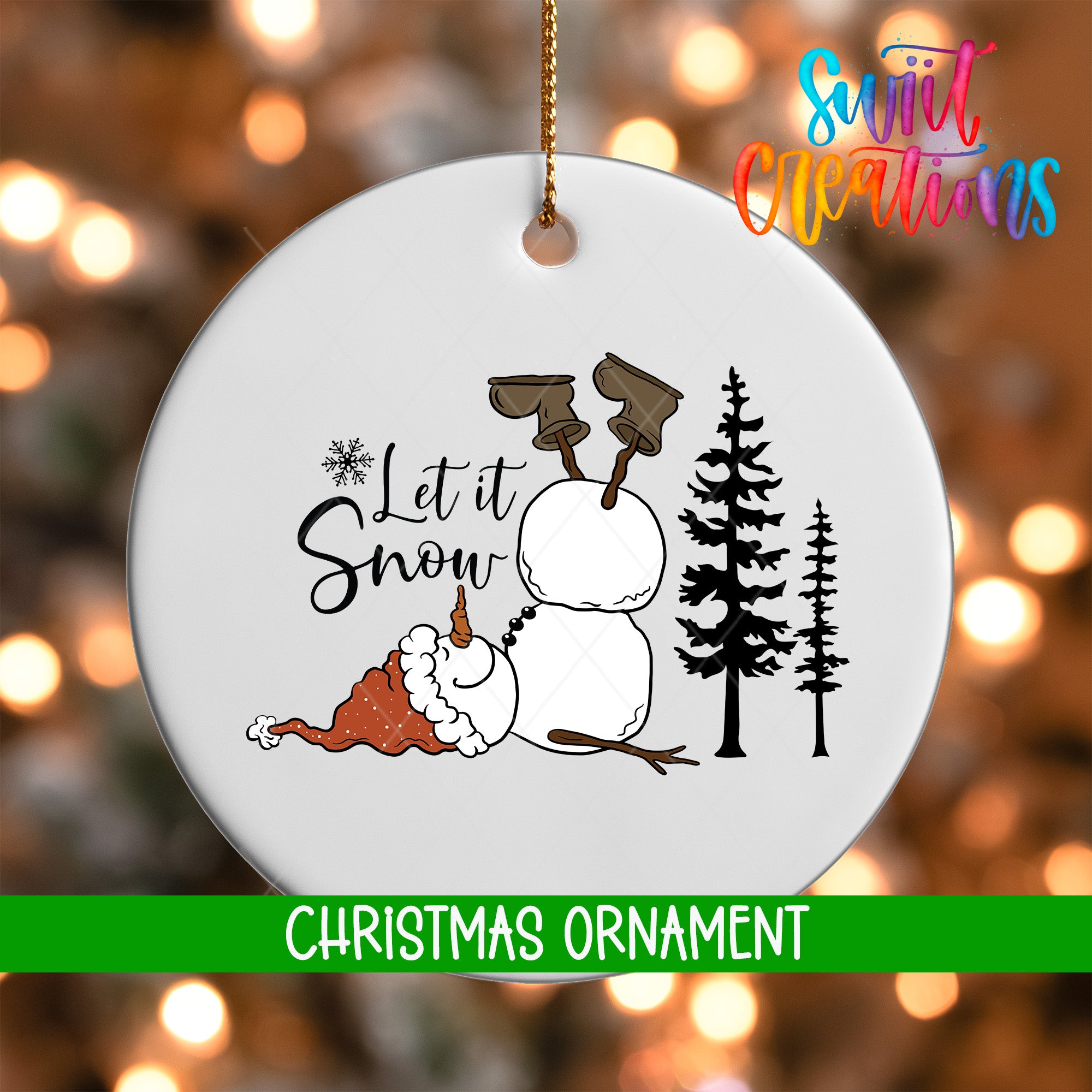 A white Christmas ornament with a snowman and trees, along with the text "Let it Snow" and "Christmas Ornament".