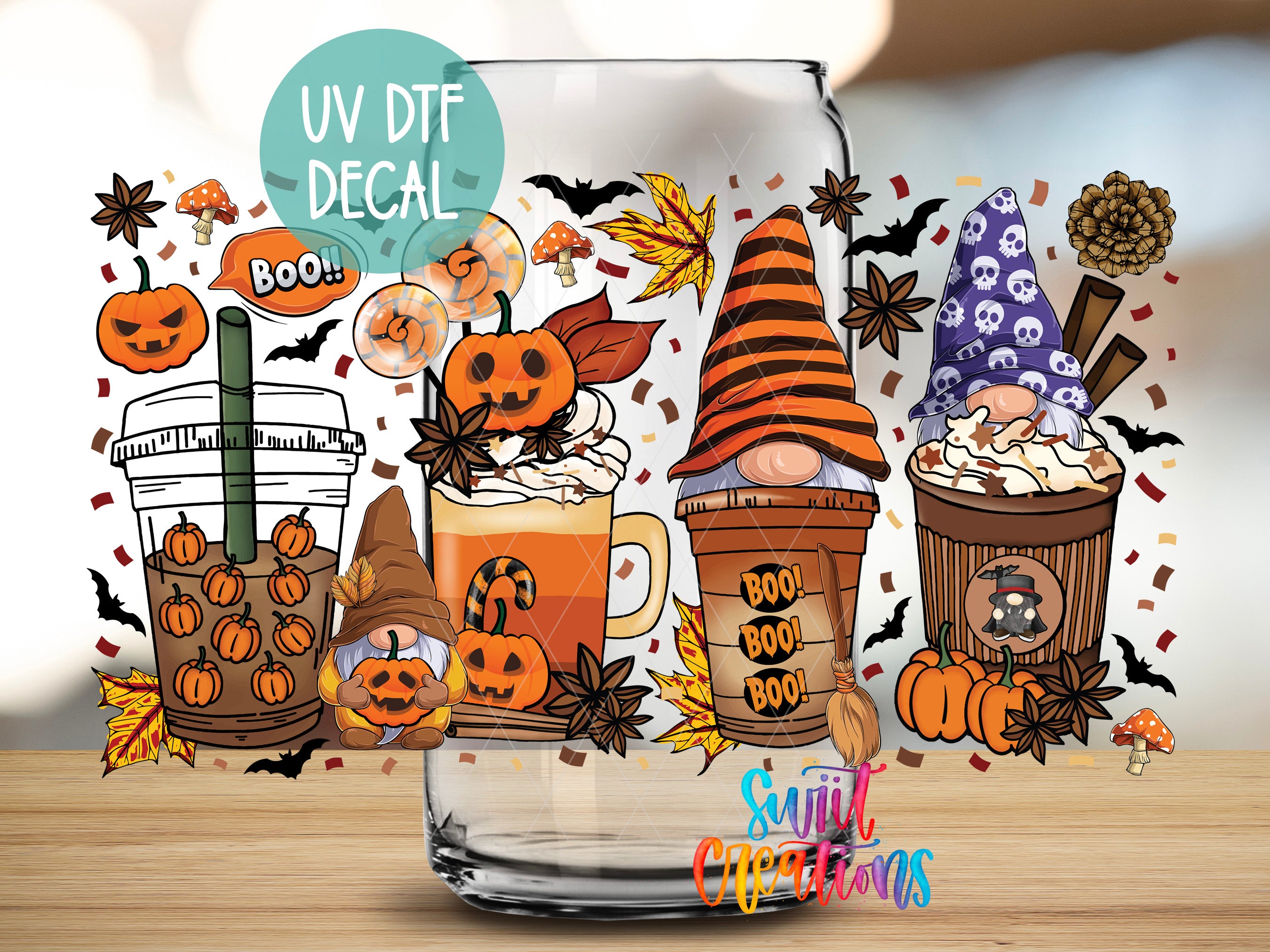 a Halloween-themed decal of a coffee cup with various Halloween-related elements, including a gnome, pumpkins, bats, and a ghost.
