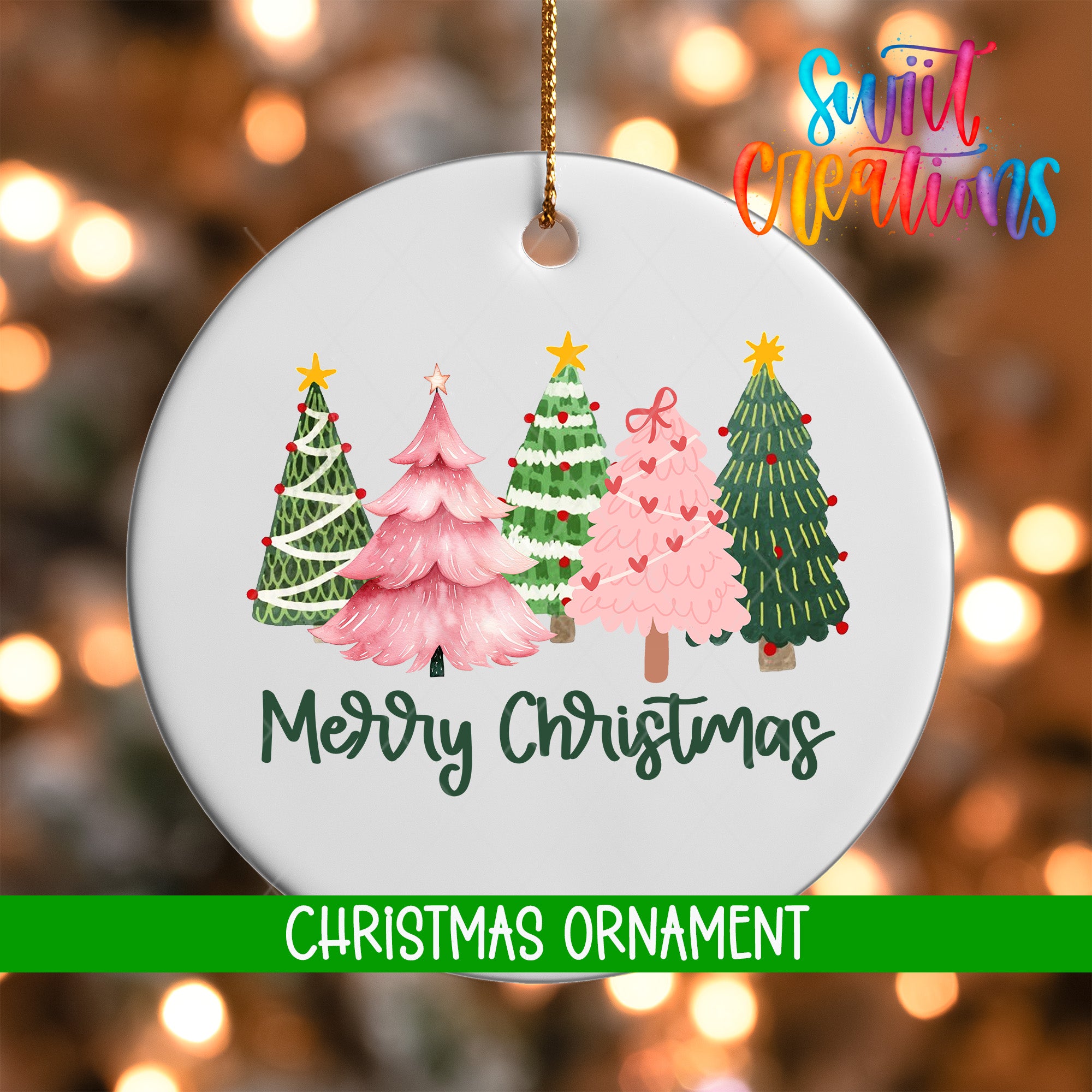 A white Christmas ornament with a festive design of four different colored Christmas trees, along with the text "Merry Christmas" and "Christmas Ornament" printed on it.