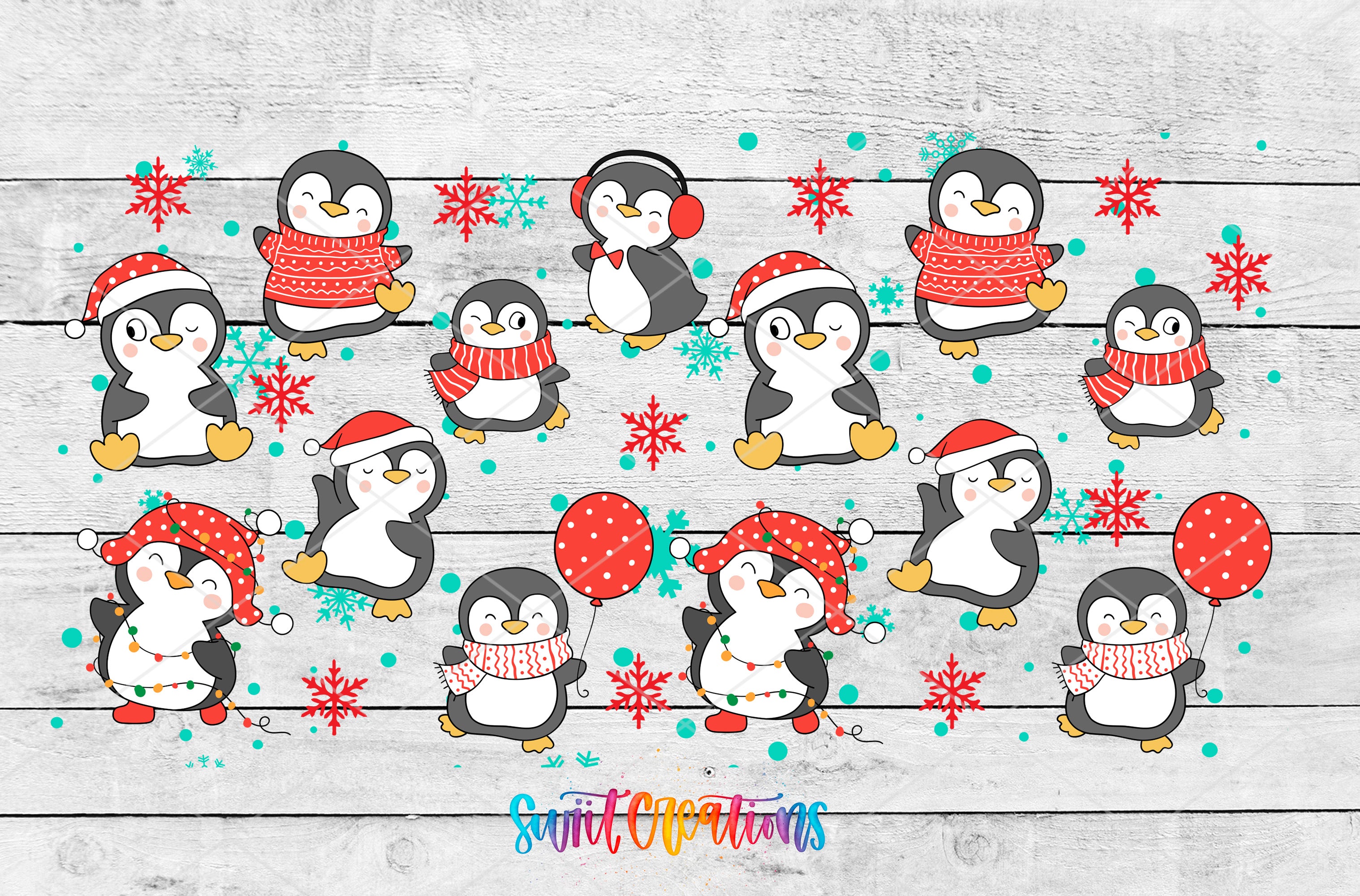 A collage of various cartoon penguins wearing winter clothing and accessories, surrounded by snowflakes and festive decorations.