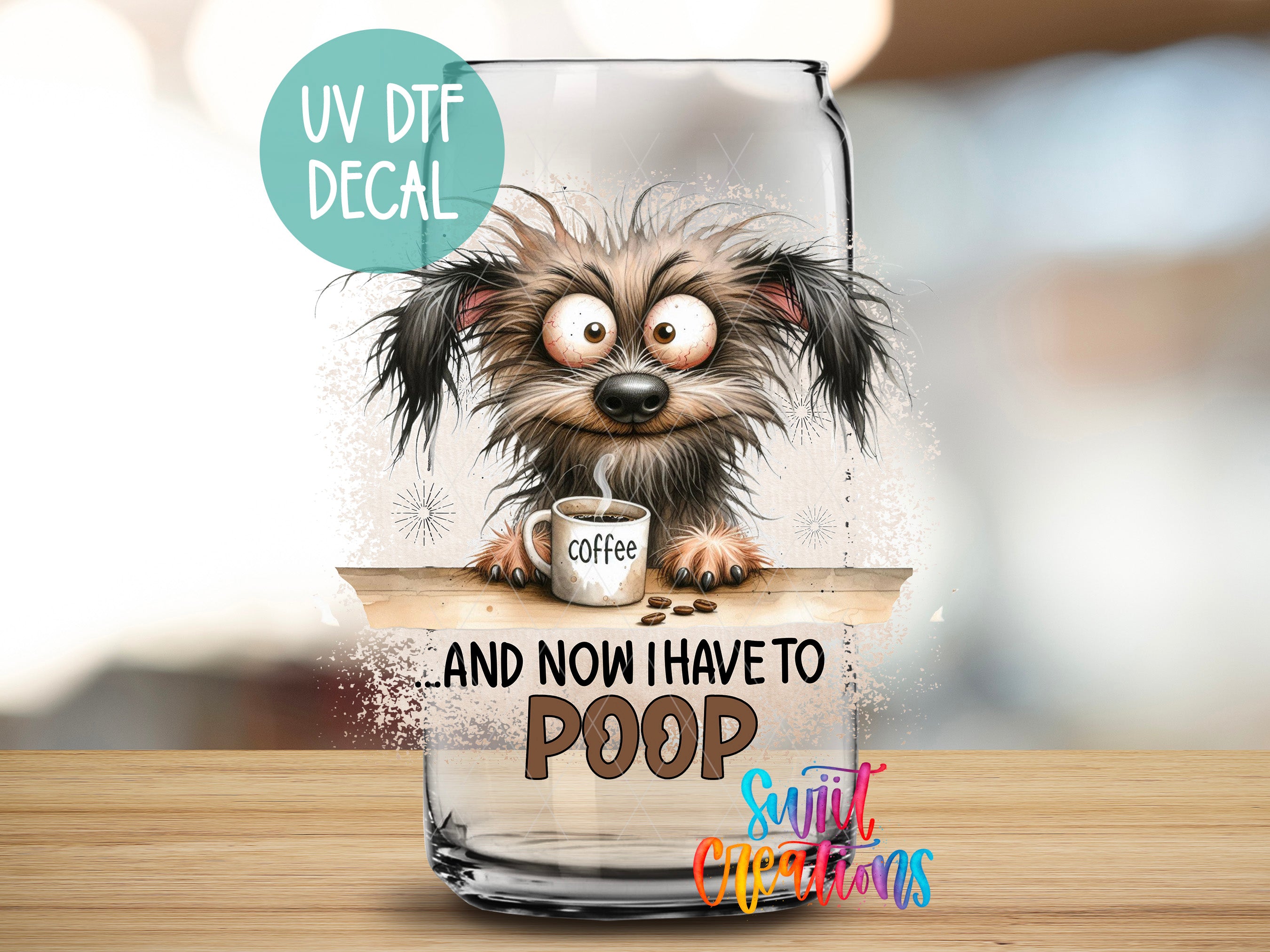 a glass with a dog sitting on top of it