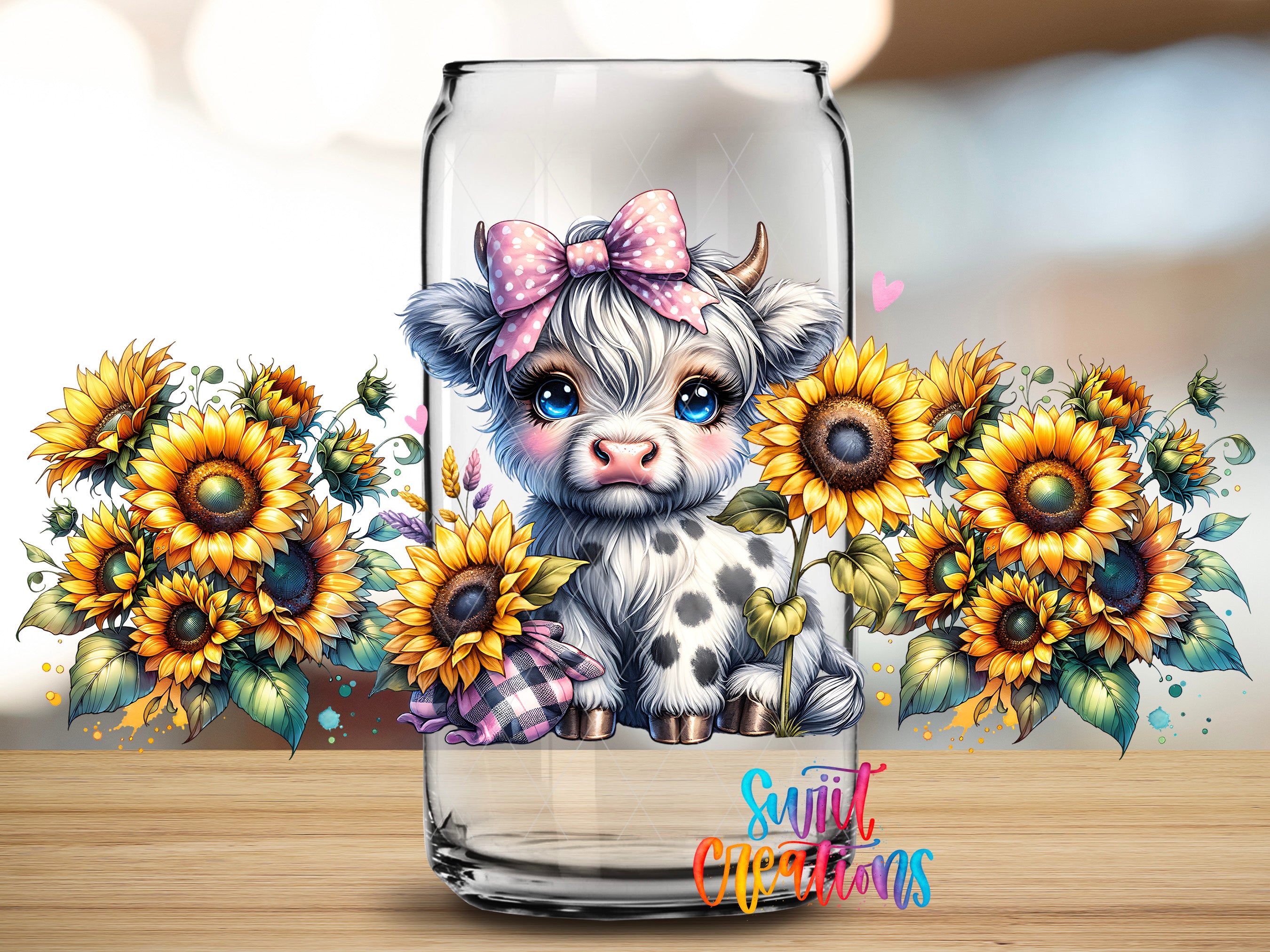 A glass jar containing a cartoon cow with a bow on its head, surrounded by a bouquet of sunflowers.