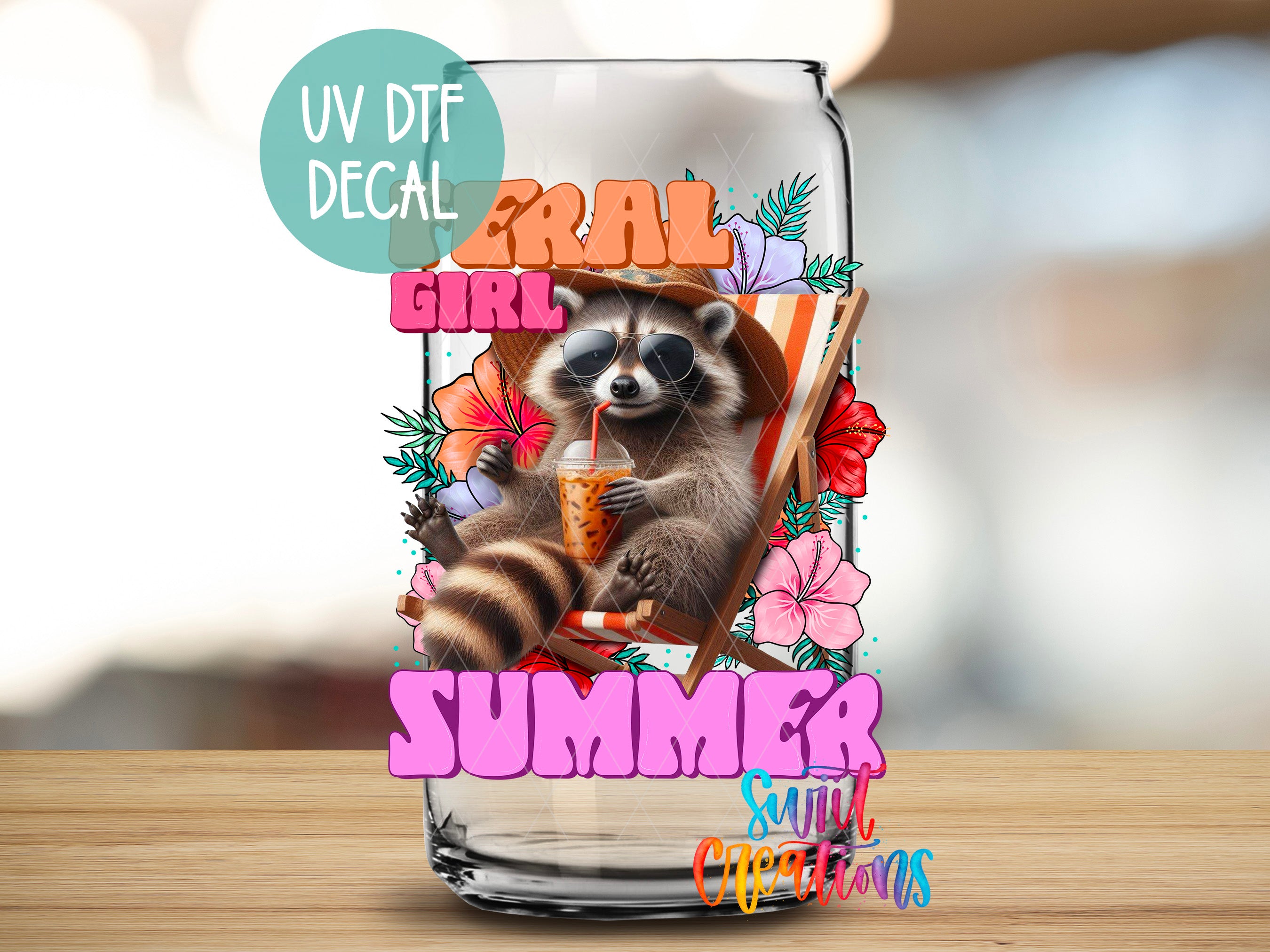 a raccoon is sitting in a glass with the words summer on it