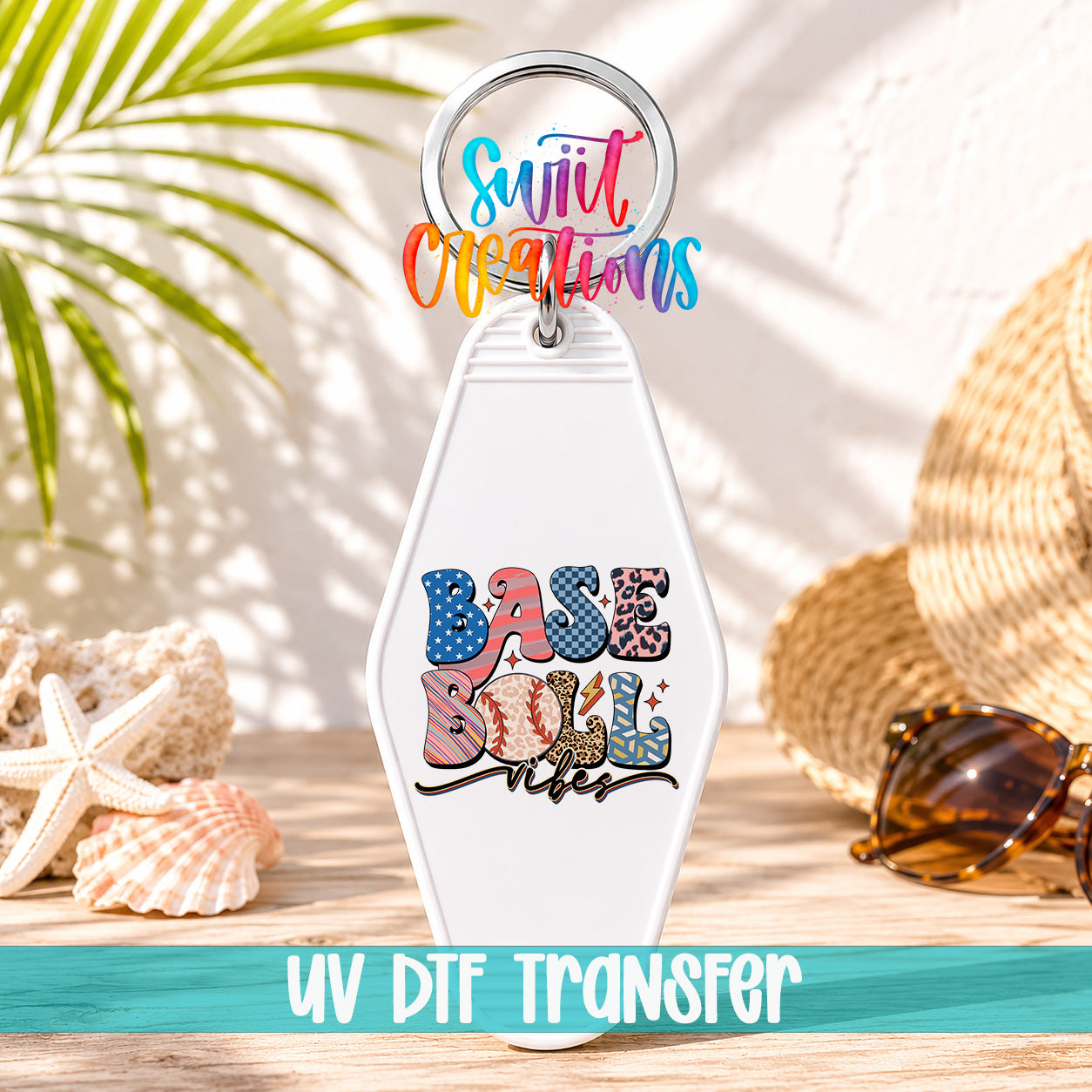 A keychain with the text "Base Ball" printed on it, surrounded by various beach-themed items such as sunglasses, a straw hat, and seashells.