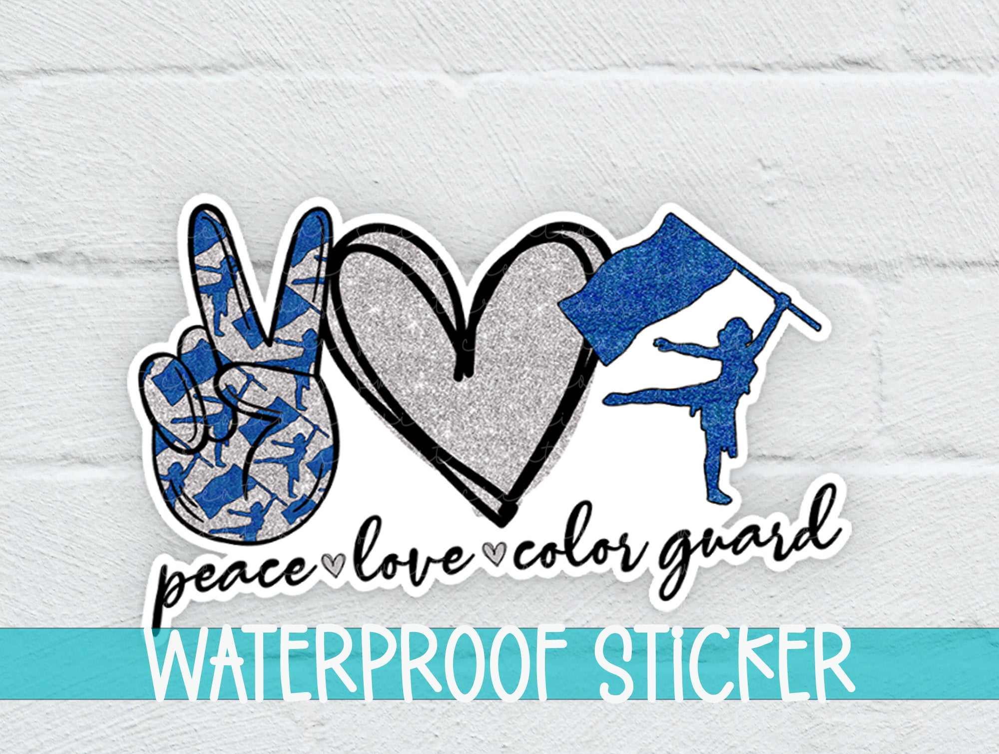 a white brick wall with a blue and silver sticker on it