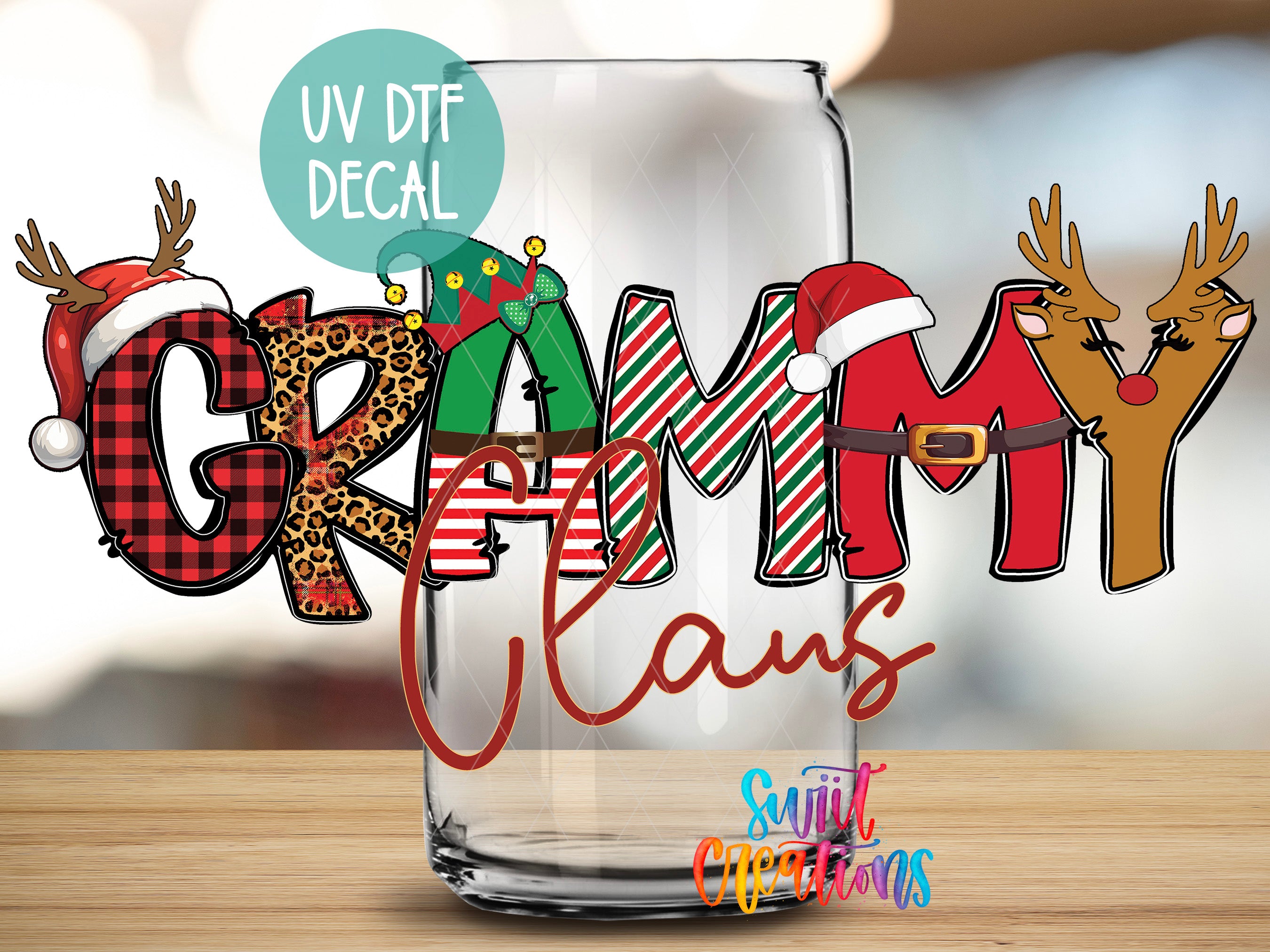 a glass with some christmas decorations on it