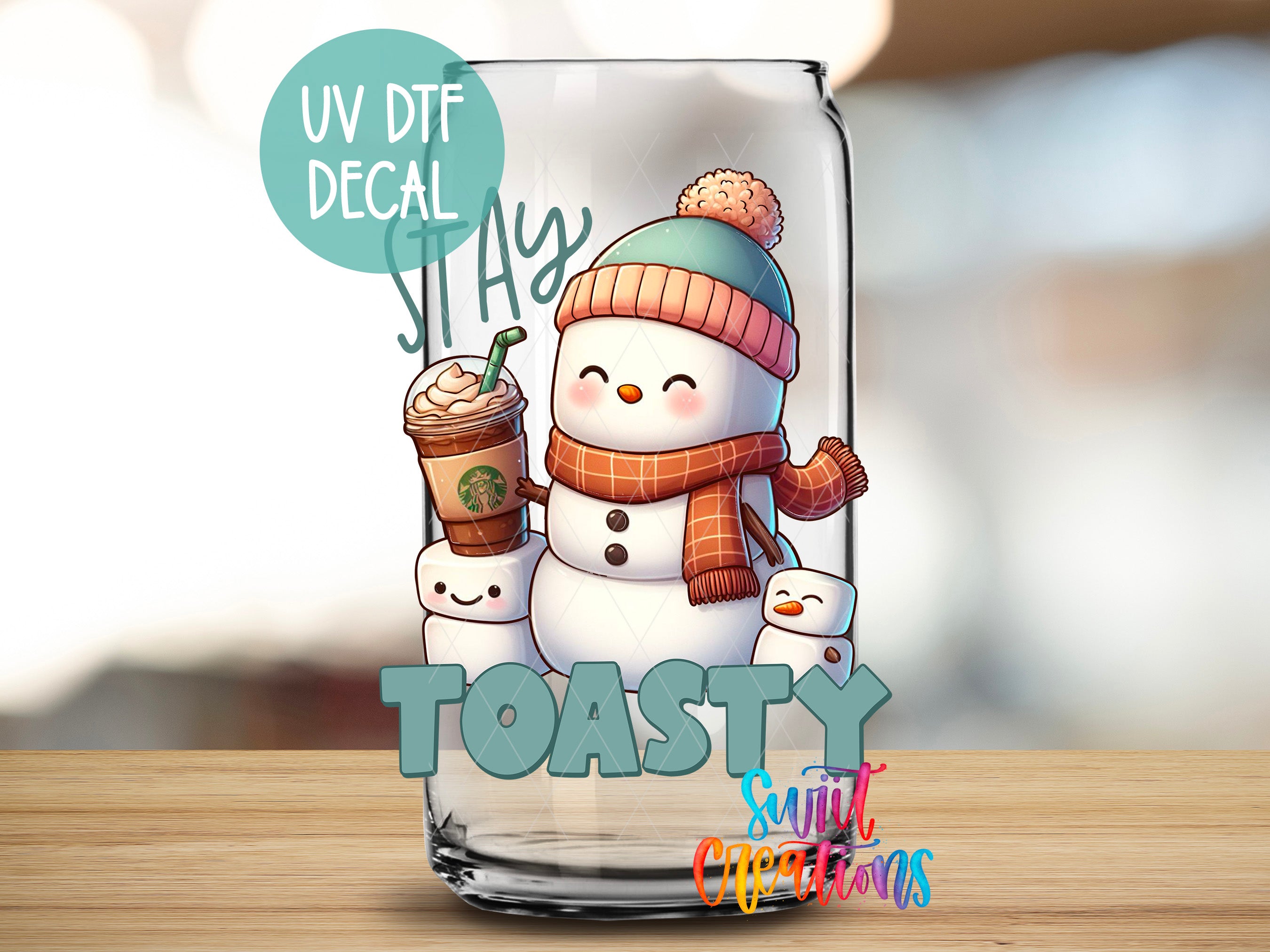a frosty glass with a picture of a snowman holding a cup of coffee