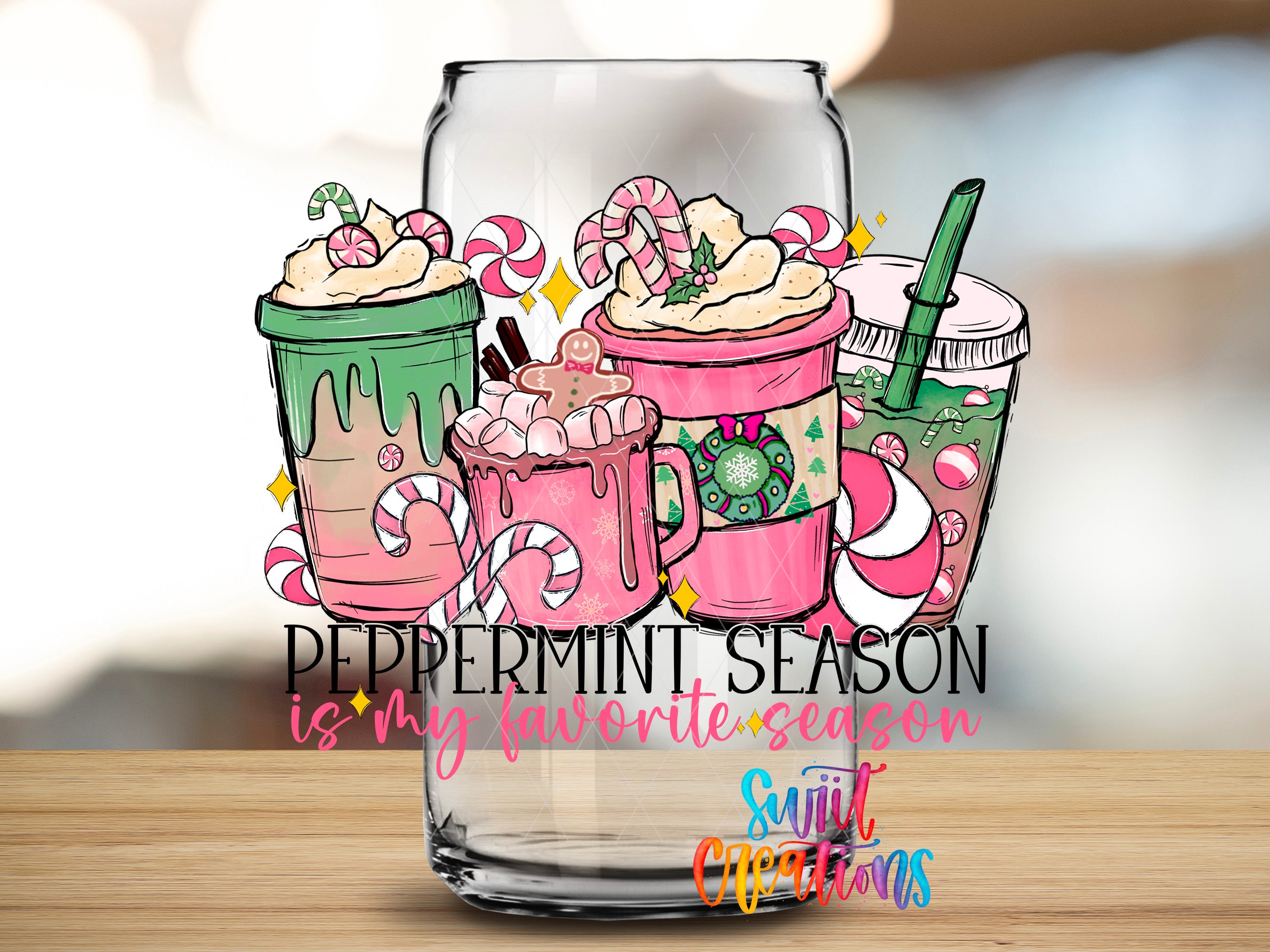 A glass mug filled with a beverage surrounded by various festive decorations, including candy canes, peppermint candies, and whipped cream.