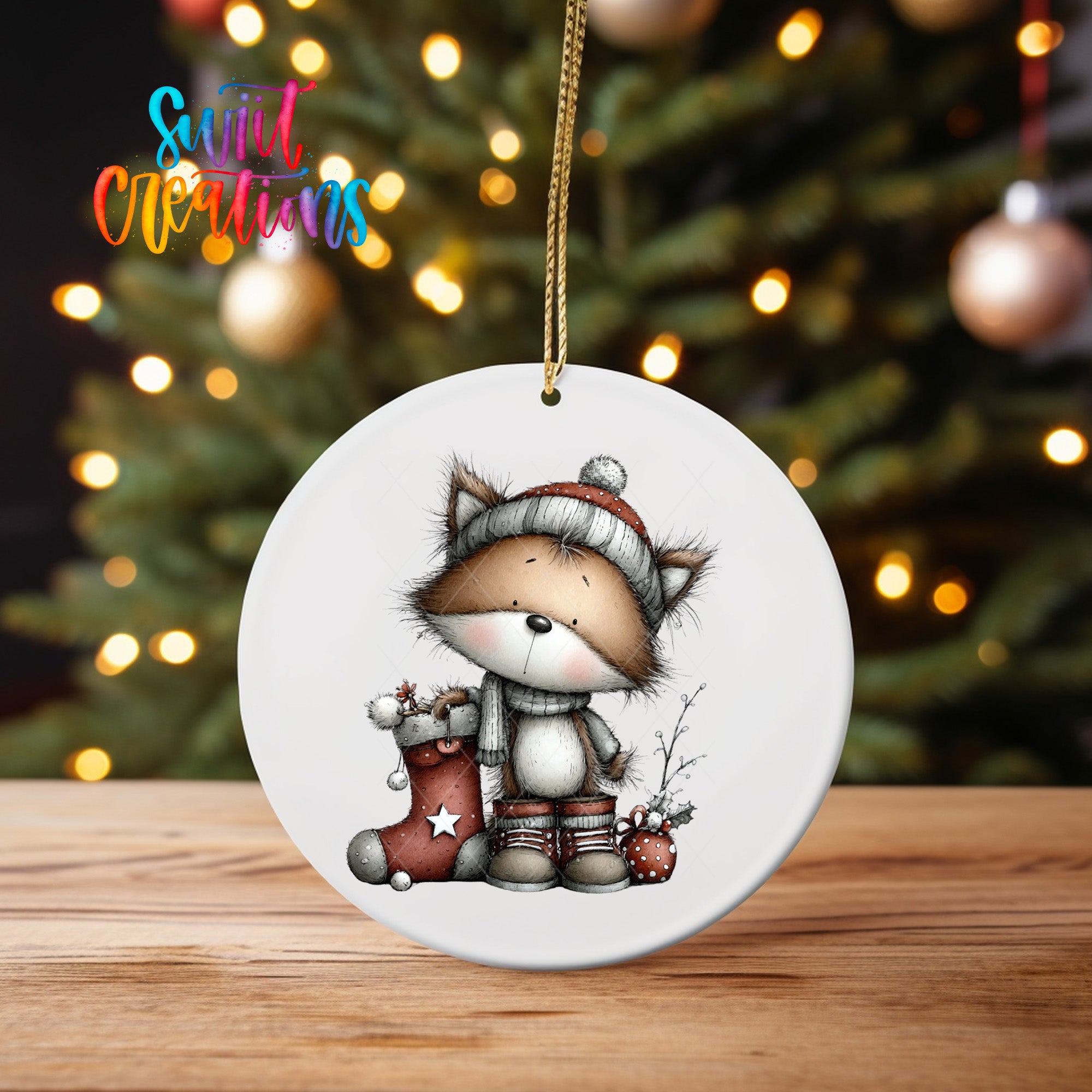 A white ceramic ornament featuring a cartoon illustration of a cat wearing a hat and holding a stocking, with a Christmas tree in the background.