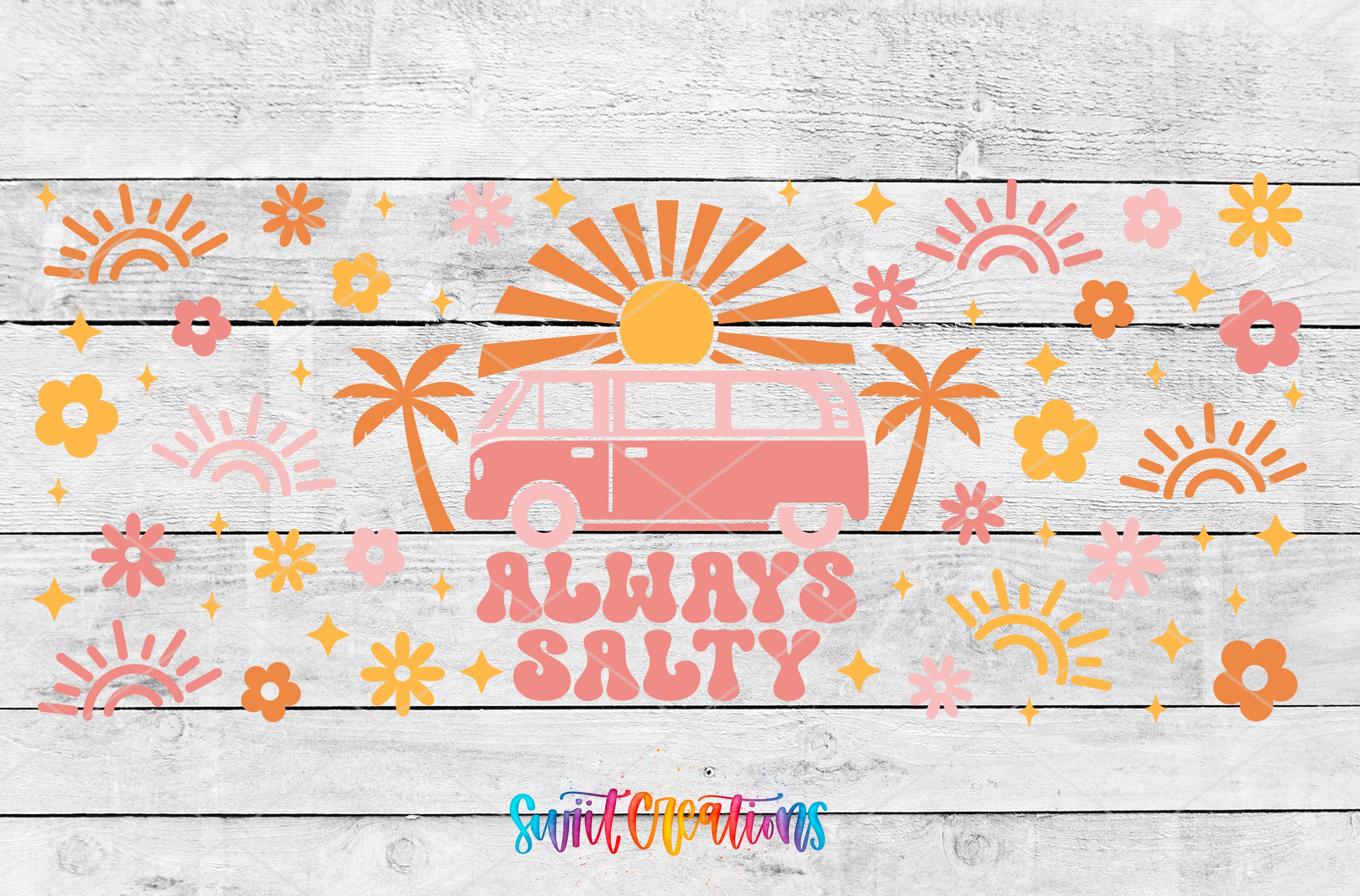 a vibrant and colorful design with a pink van, palm trees, flowers, and sun-like shapes. The phrase "Always Salty" is prominently displayed in the center of the image.