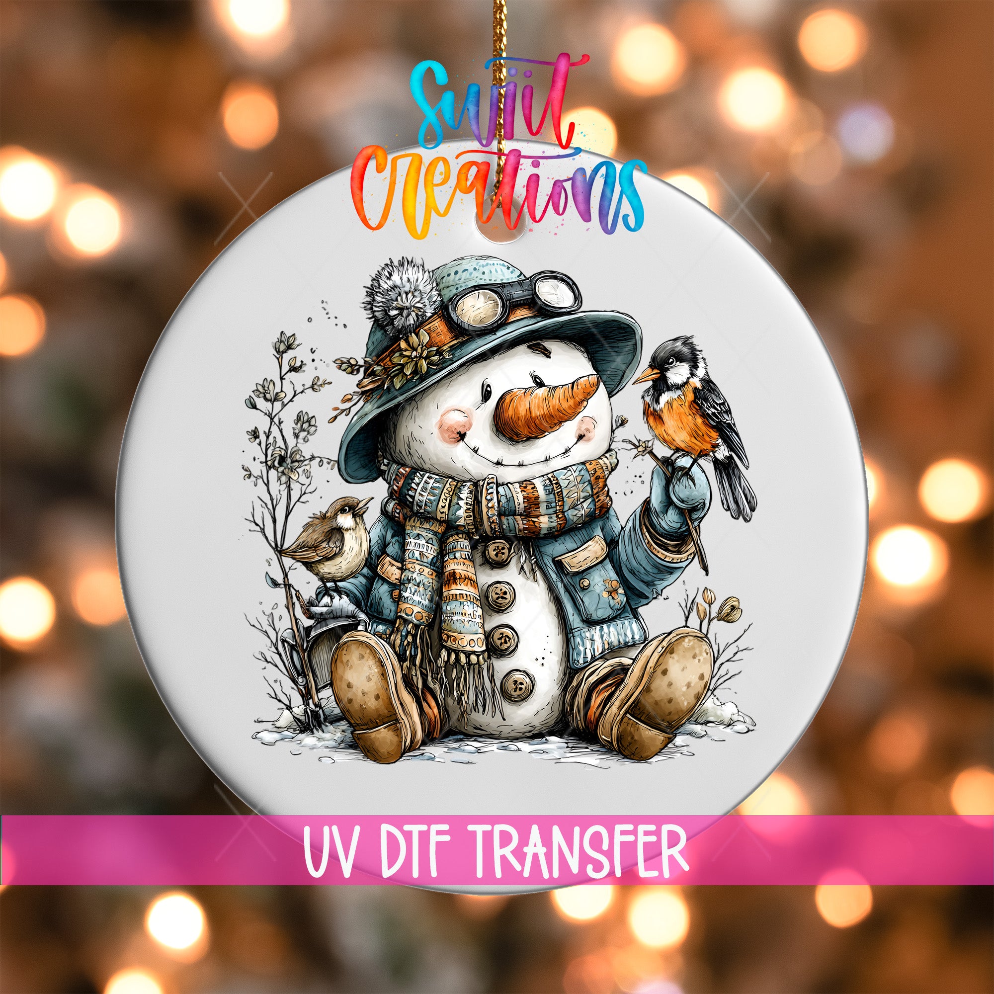A snowman ornament with a bird perched on its hand, set against a blurred background with colorful lights.