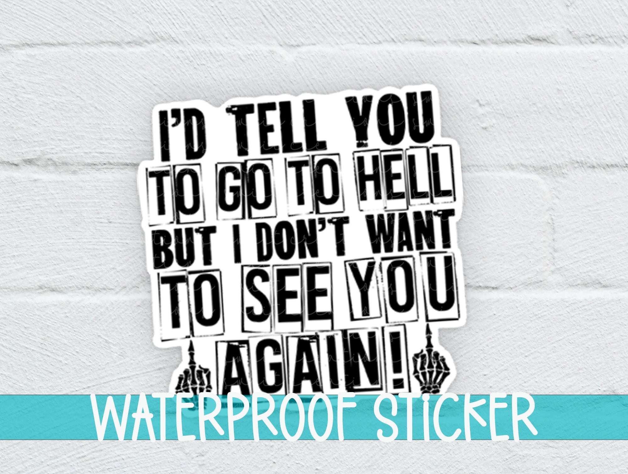 a white brick wall with a black and white sticker on it