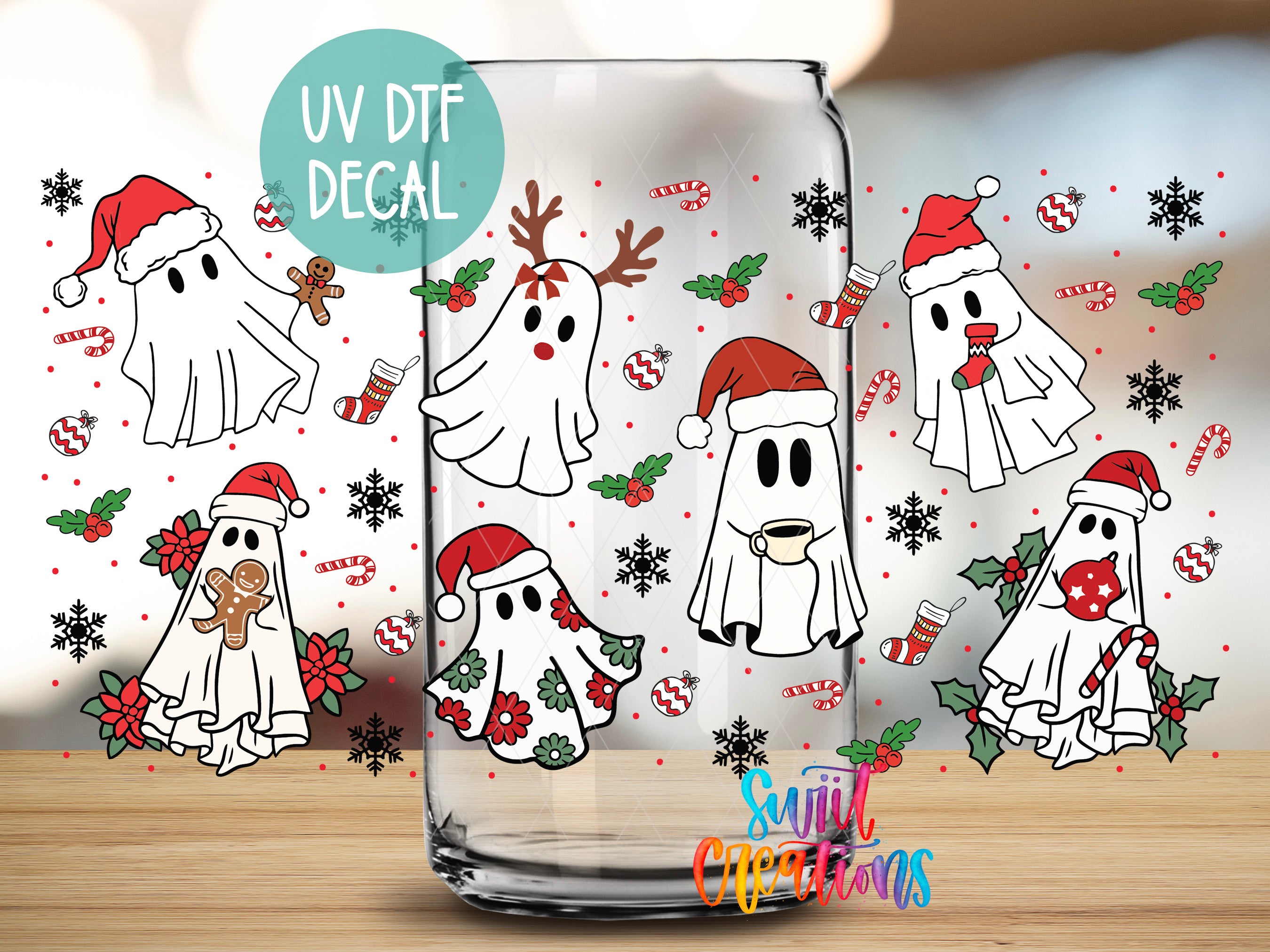 a glass jar with various ghost-like illustrations and holiday-themed decorations, including Santa hats, snowflakes, and candy canes.