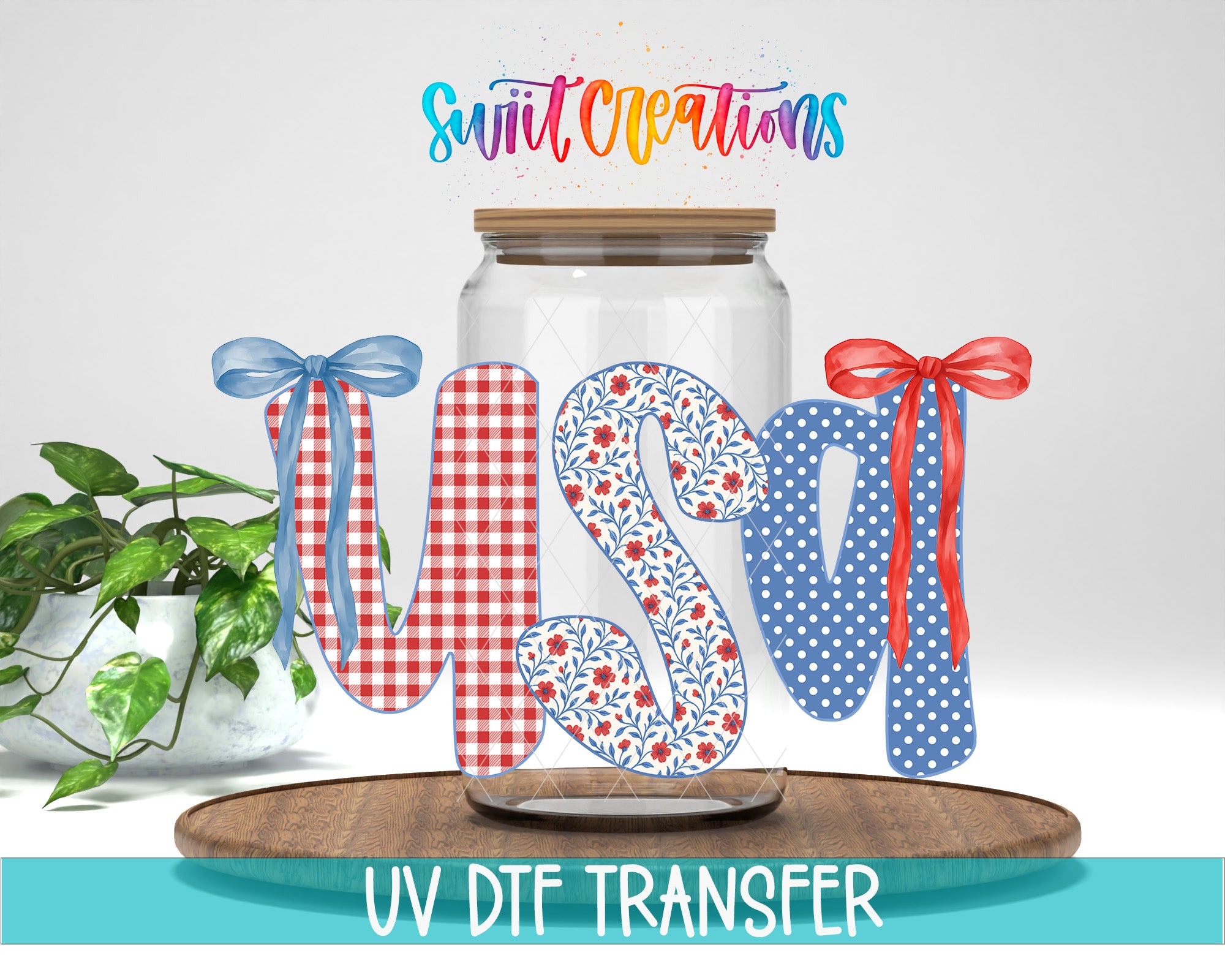 a glass jar with the letters "US" made of decorative fabric, placed on a wooden surface.
