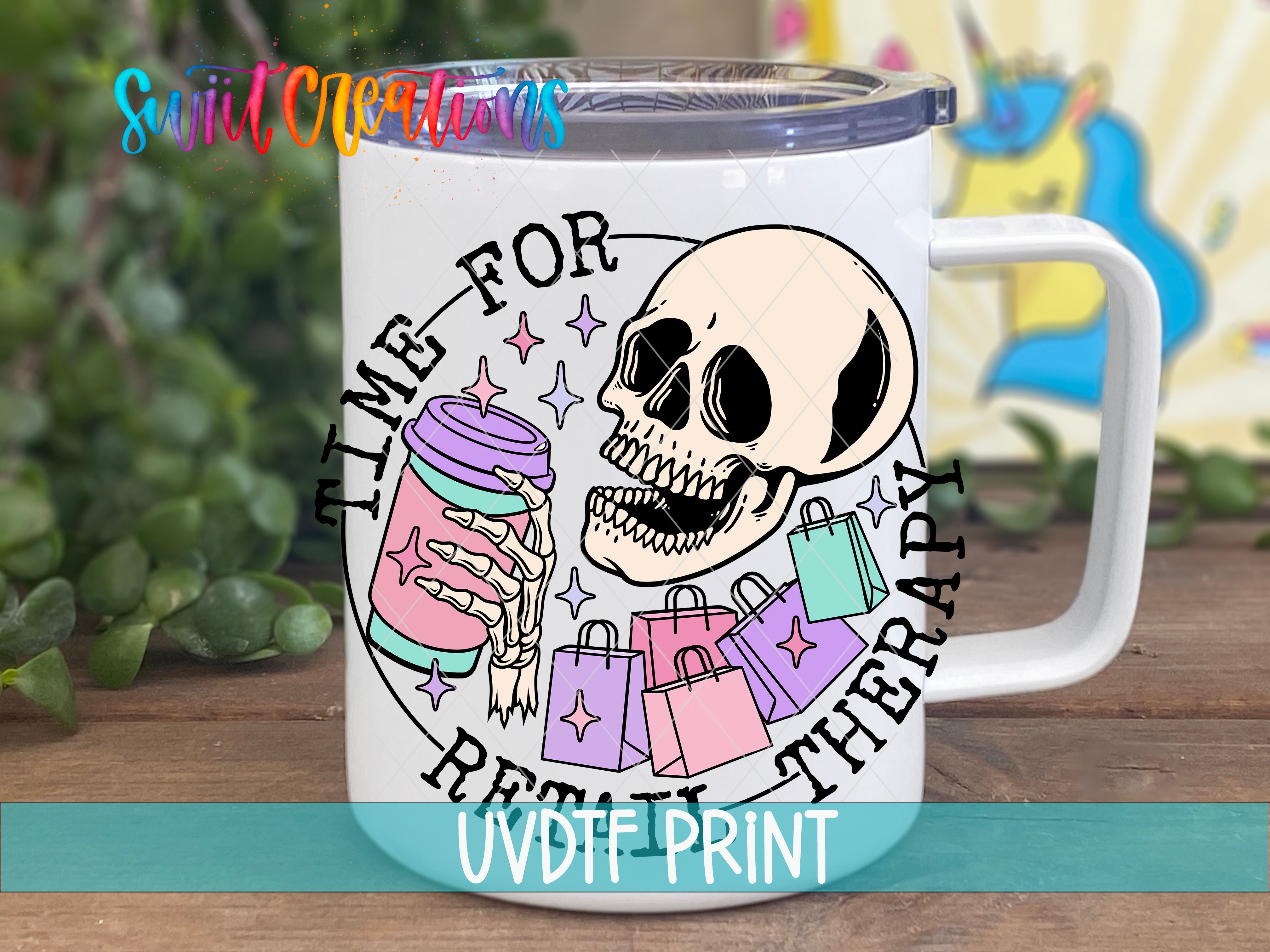 A white mug with a colorful design featuring a skull, shopping bags, and a cup.