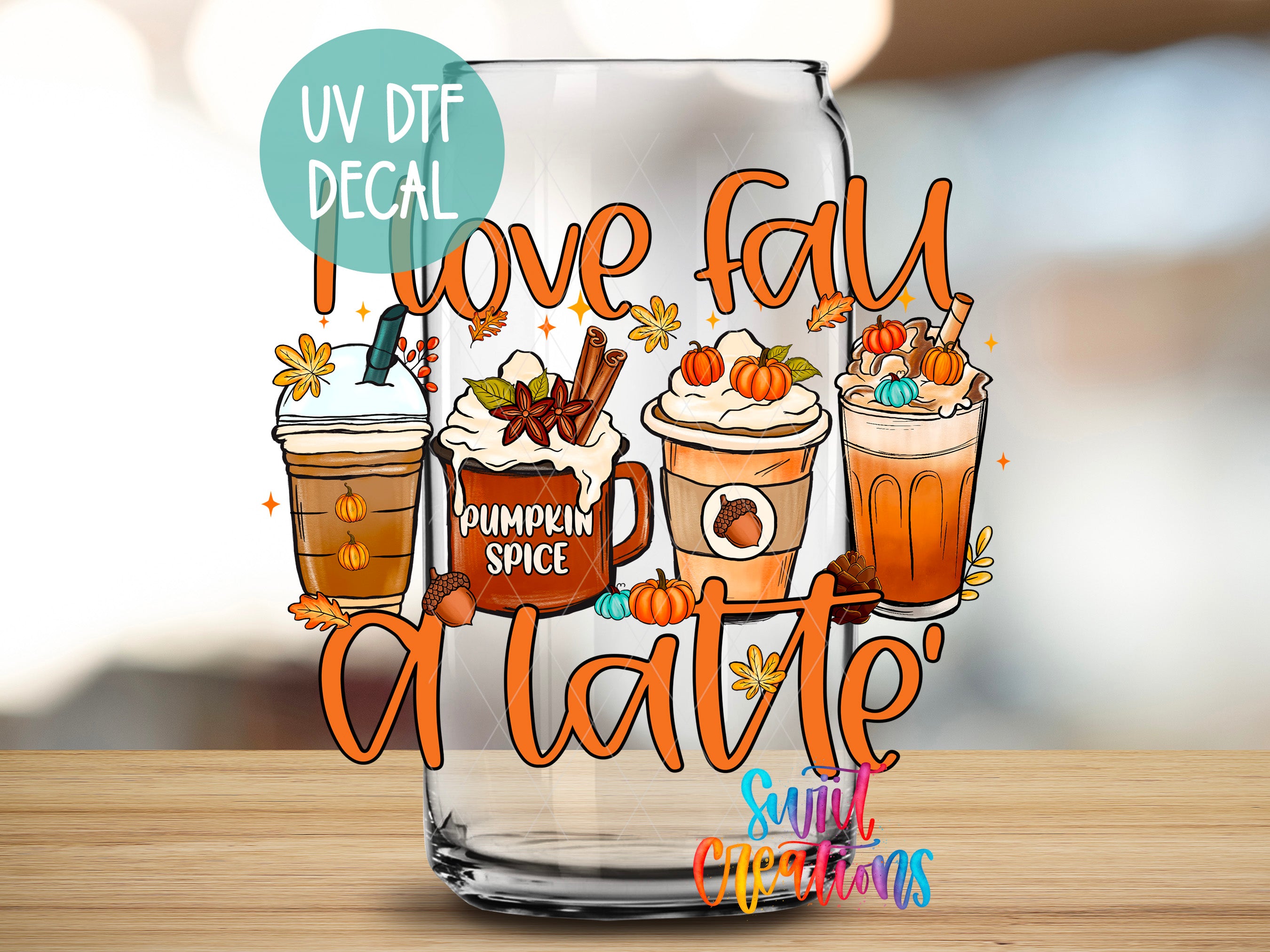 a glass with illustrations of various autumn-themed beverages, including lattes and pumpkin spice drinks, along with decorative elements such as pumpkins and leaves.