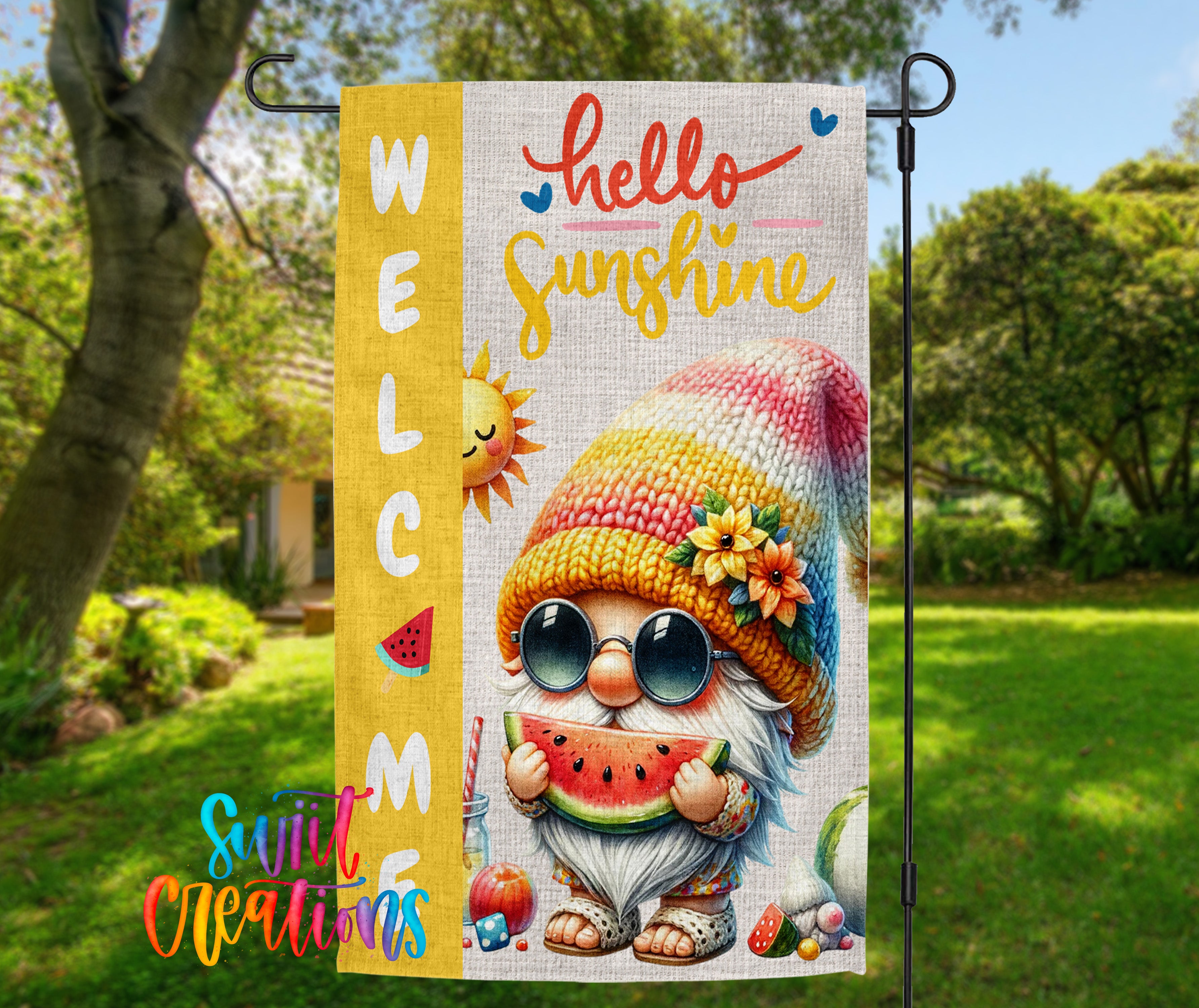 A colorful welcome sign featuring a gnome character wearing sunglasses and holding a watermelon, with the text "Hello Sunshine" and "Welcome" displayed prominently.