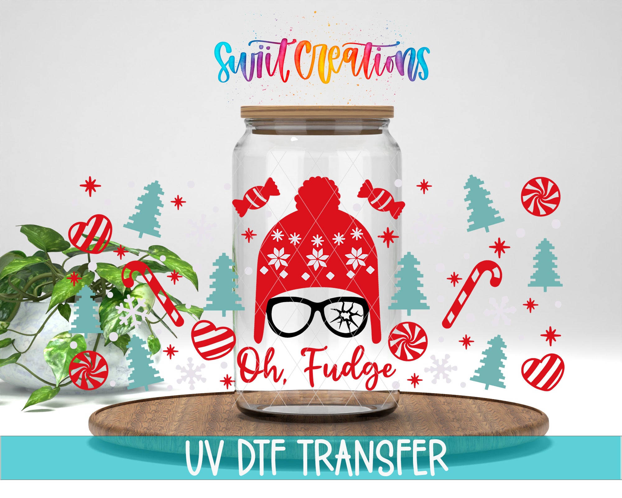 a glass jar with a red hat and glasses design, surrounded by Christmas-themed decorations such as candy canes, snowflakes, and pine trees.