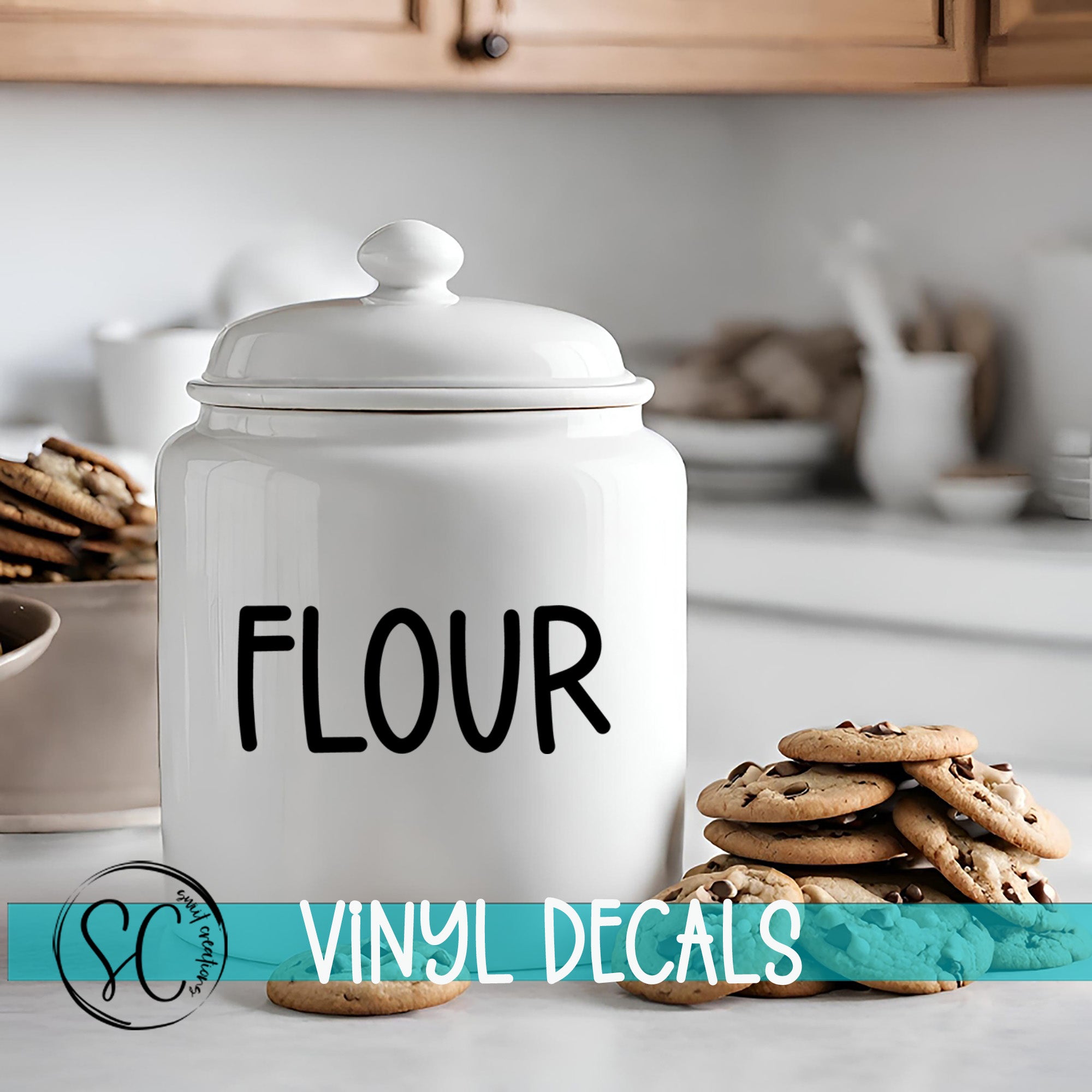 A white ceramic jar labeled "FLOUR" sits on a kitchen counter, surrounded by stacks of chocolate chip cookies.