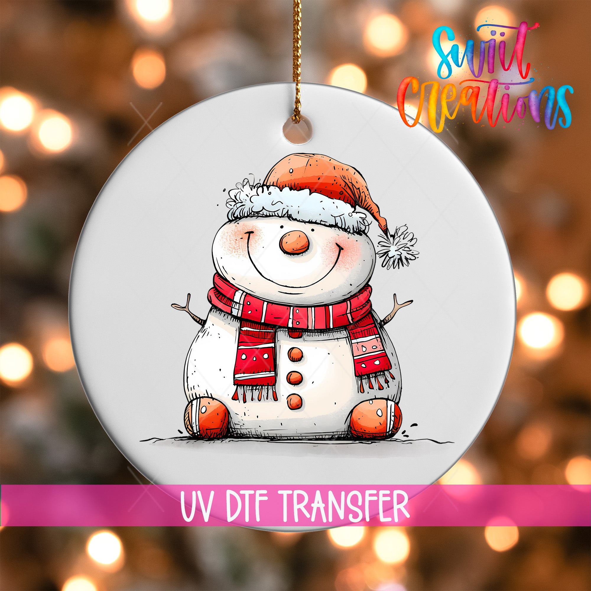 A white ornament featuring a smiling snowman wearing a red scarf and hat, with a pink ribbon around its neck.