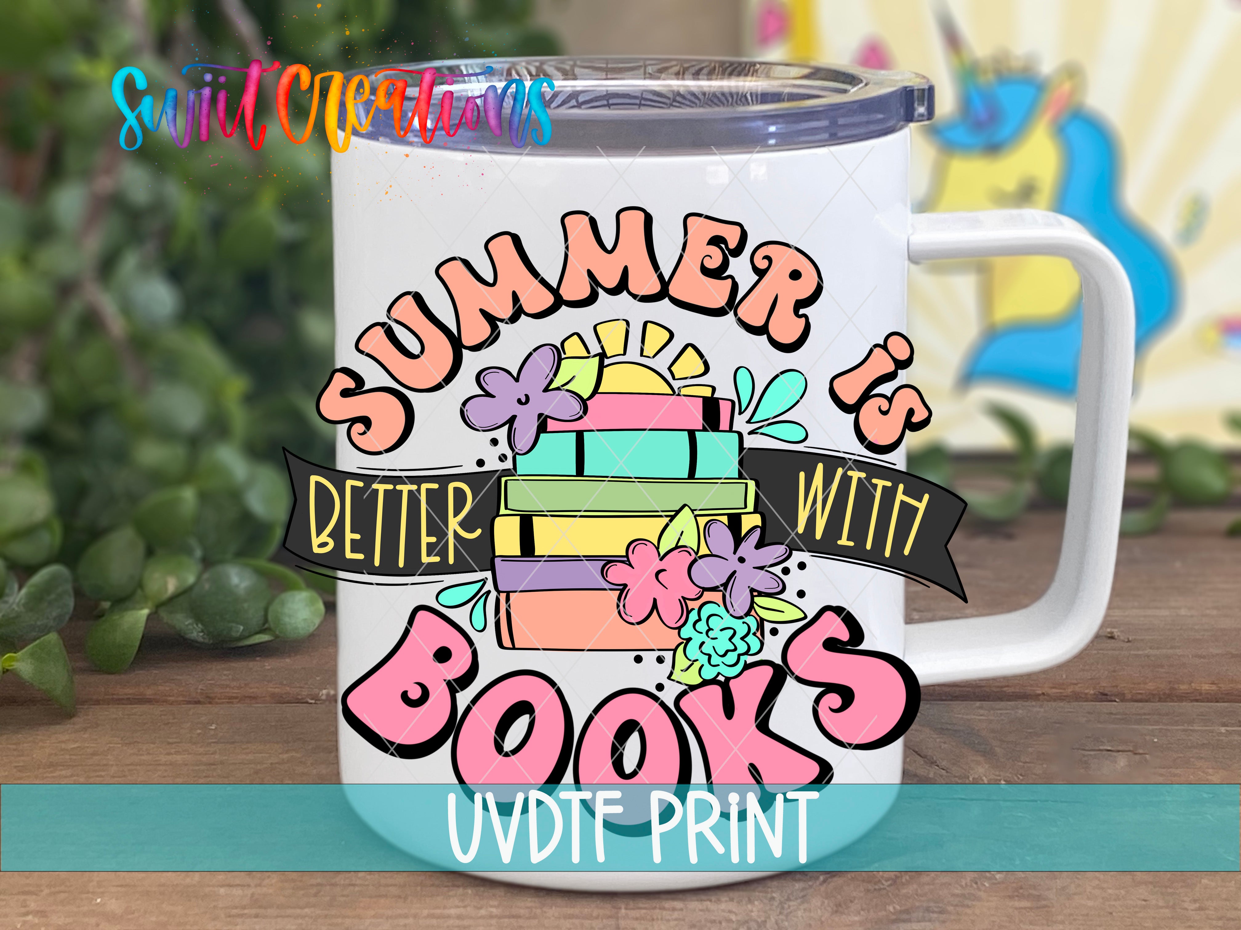 A white mug with a colorful design featuring the text "Summer is better with books" and various illustrations related to books and summer.