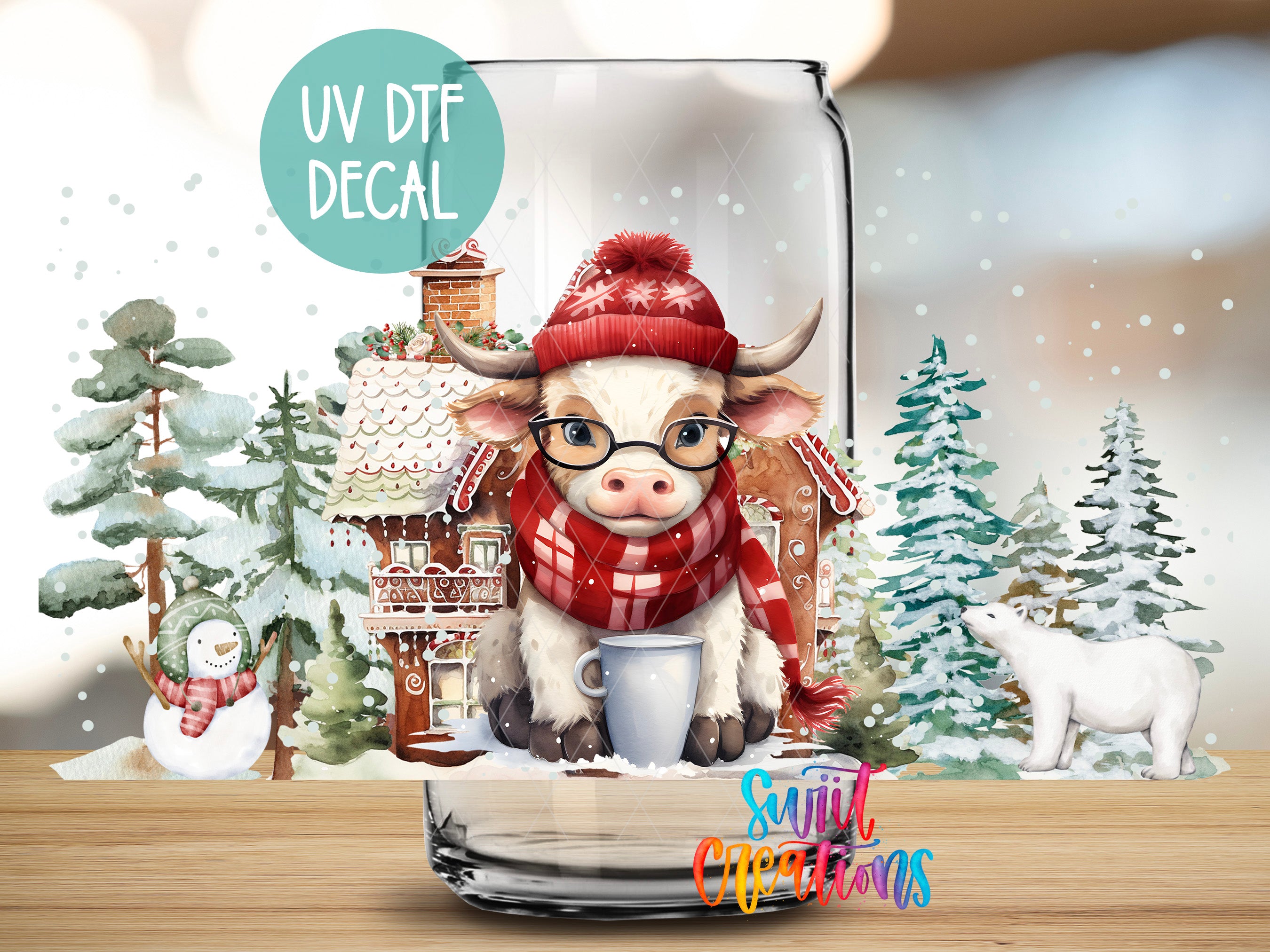 A cow wearing a red hat and scarf is sitting inside a glass jar, surrounded by a snowy winter scene with a snowman, a polar bear, and a gingerbread house.