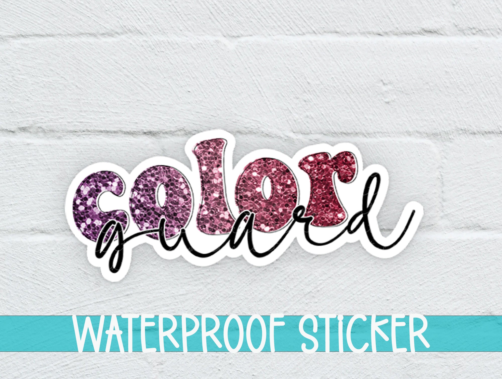 the word waterproof sticker is shown in pink and purple glitter