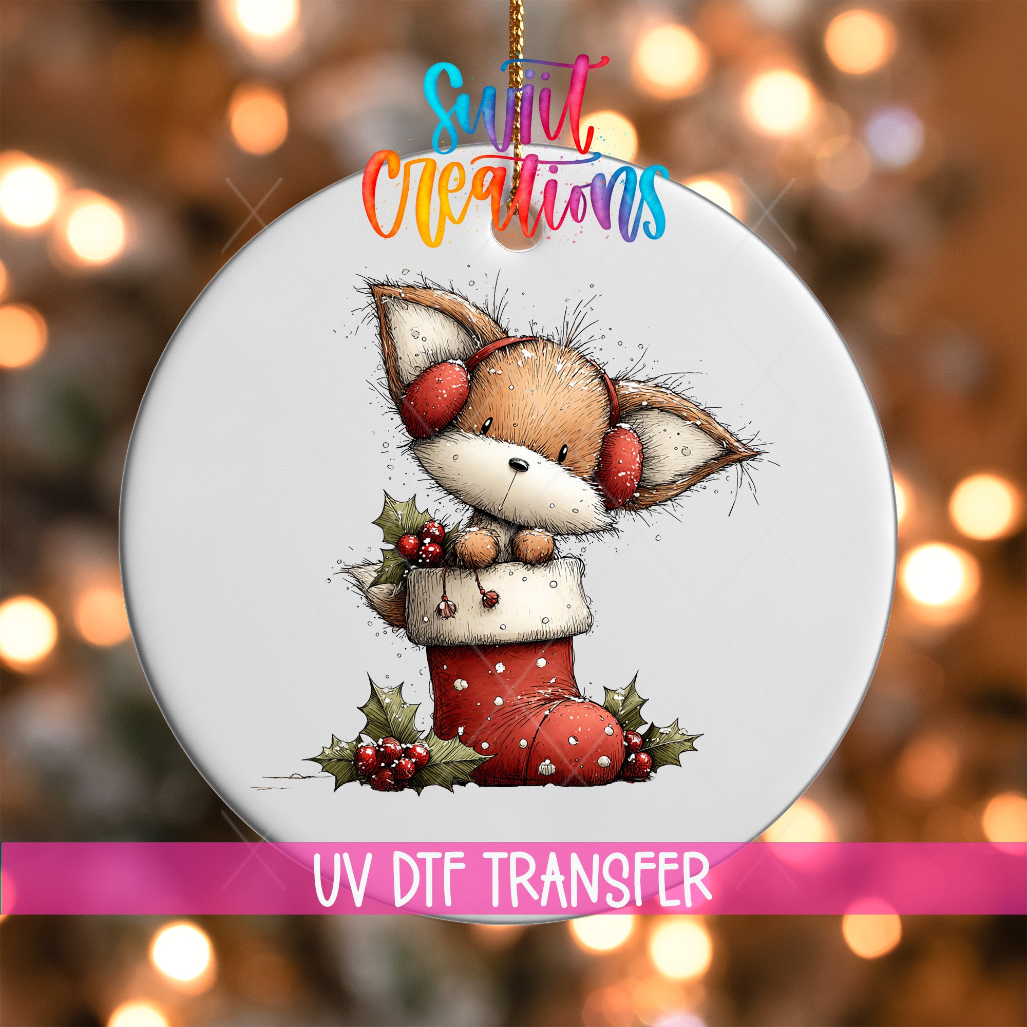 A ceramic ornament featuring a cartoon illustration of a cat wearing a red stocking and holding a holly leaf, with a background of colorful lights.