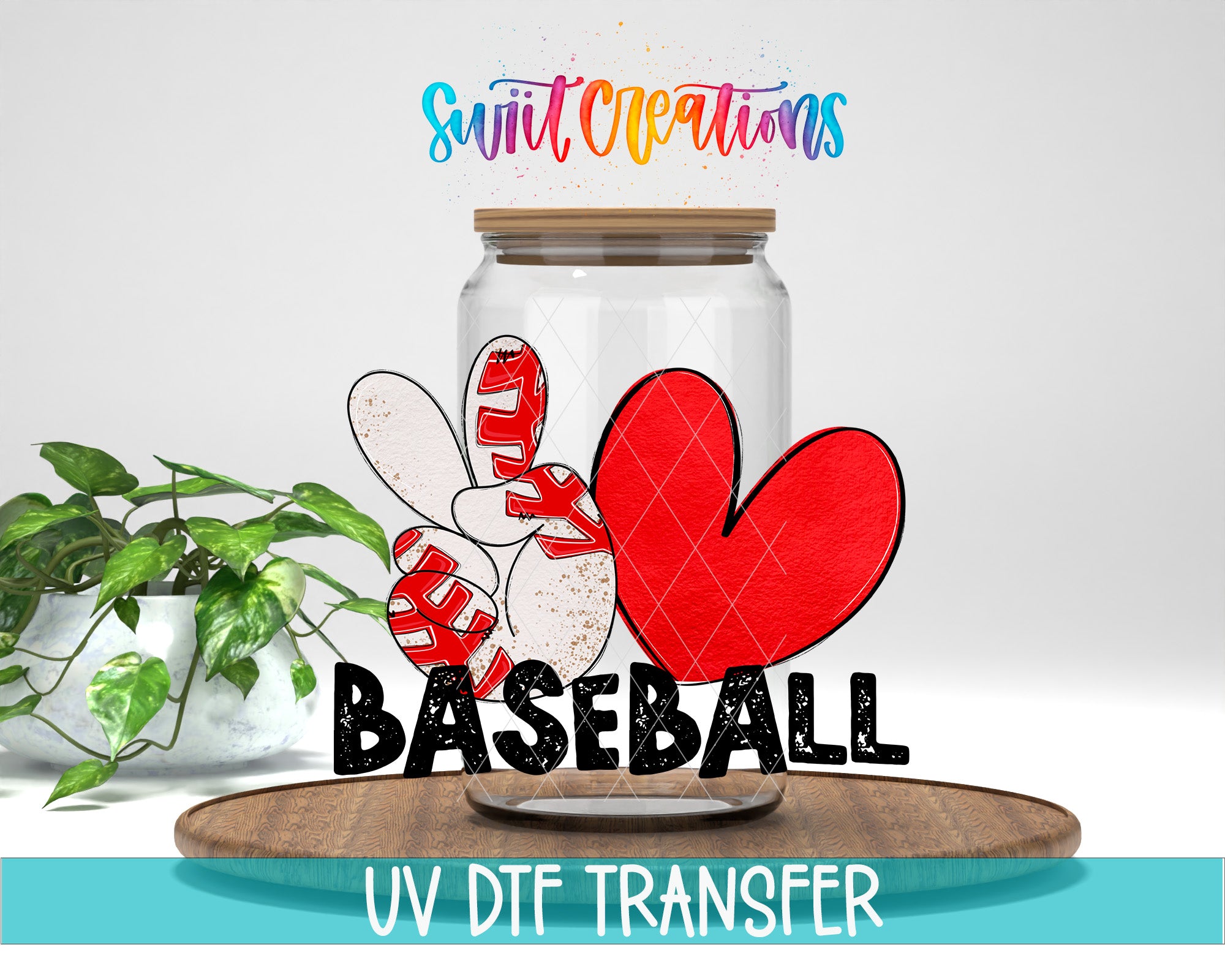 a baseball-themed design with a clear jar containing a peace sign and a red heart, along with the text "BASEBALL" and "UV DFT TRANSFER".
