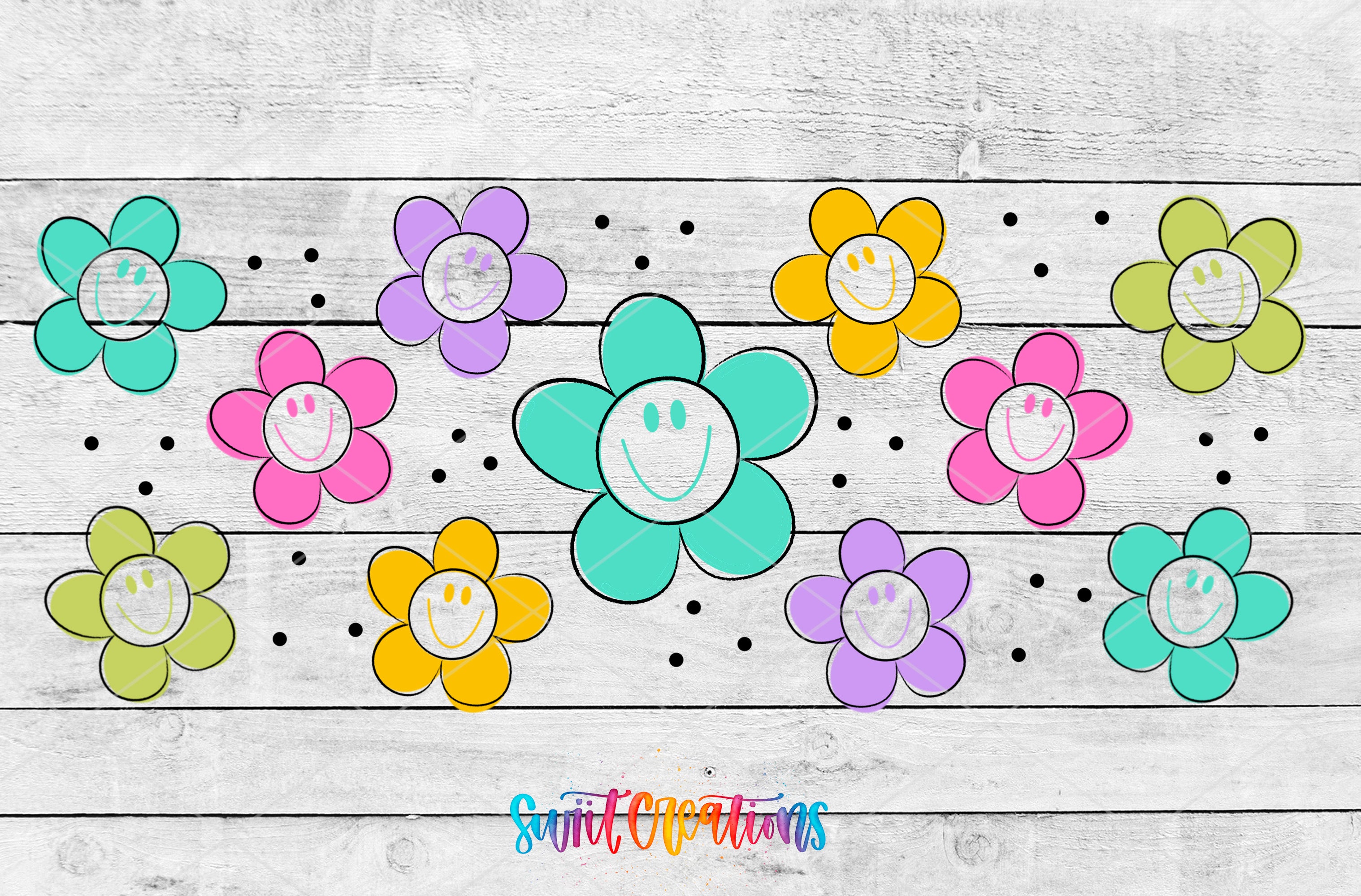 A collage of colorful flower-like shapes with smiling faces, arranged on a wooden background.